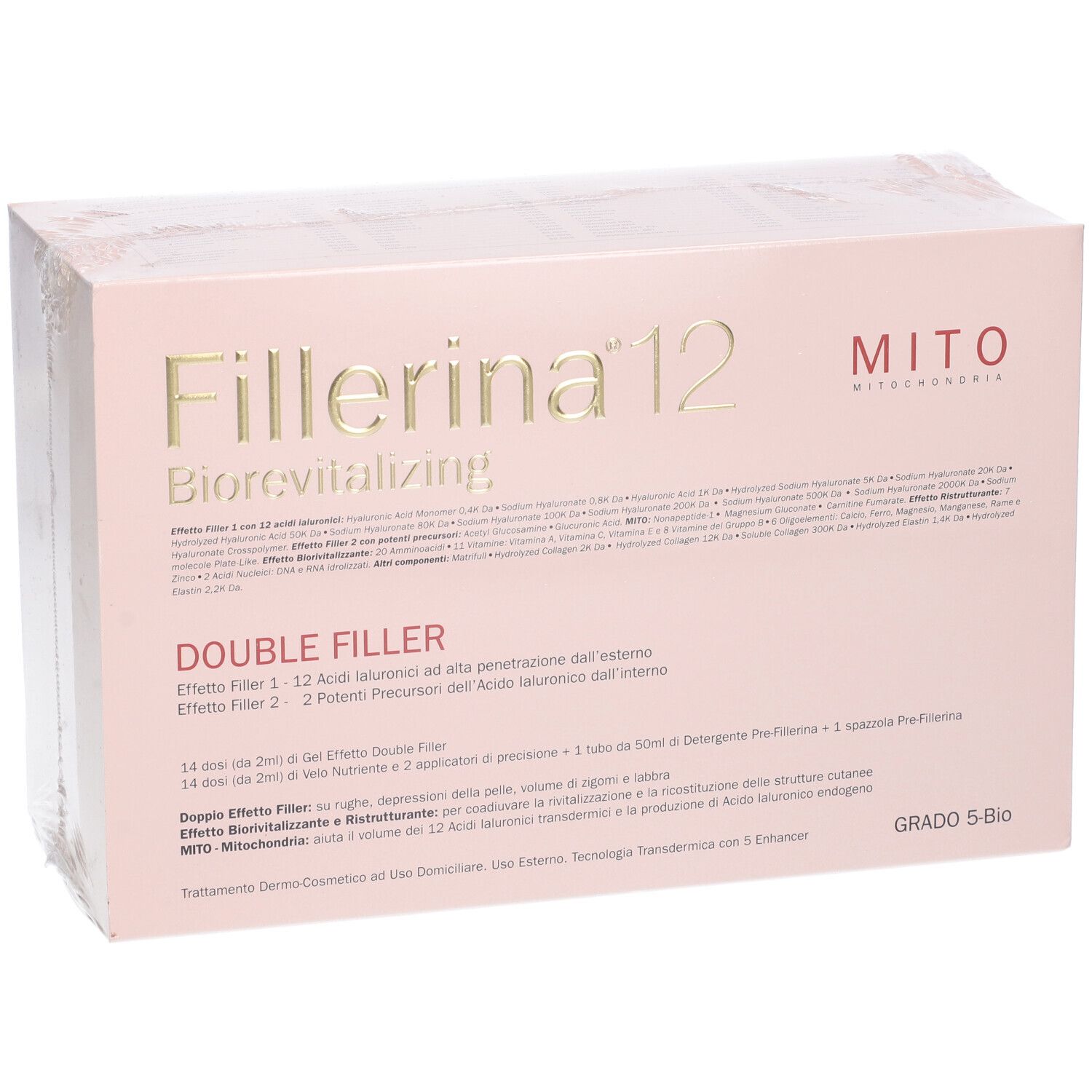 Confezione del prodotto con nome e testo. Designazione Double Filler. Marchio Grado 5-Bio.