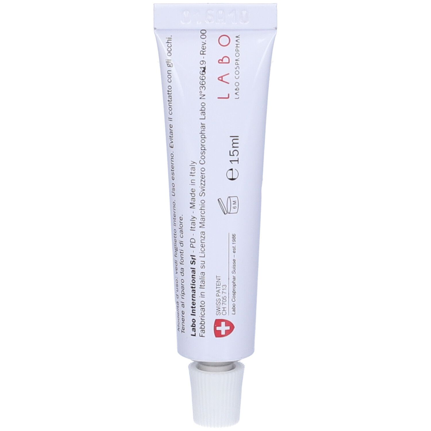 Tubo di crema bianco con testo. Contiene "LABO" e "15ml".
