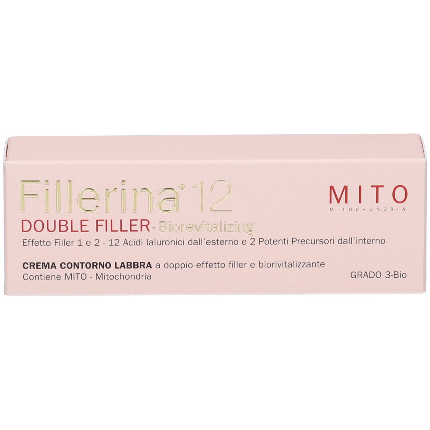 Confezione del prodotto rosa con il nome del prodotto "Fillerina 12" e "MITO".