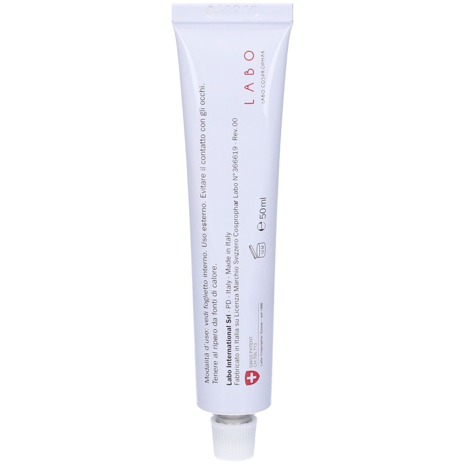 Tubo bianco con testo. Marchio Labo. Testo: E 50ml. Fabbricato in Italia. Con croce svizzera.