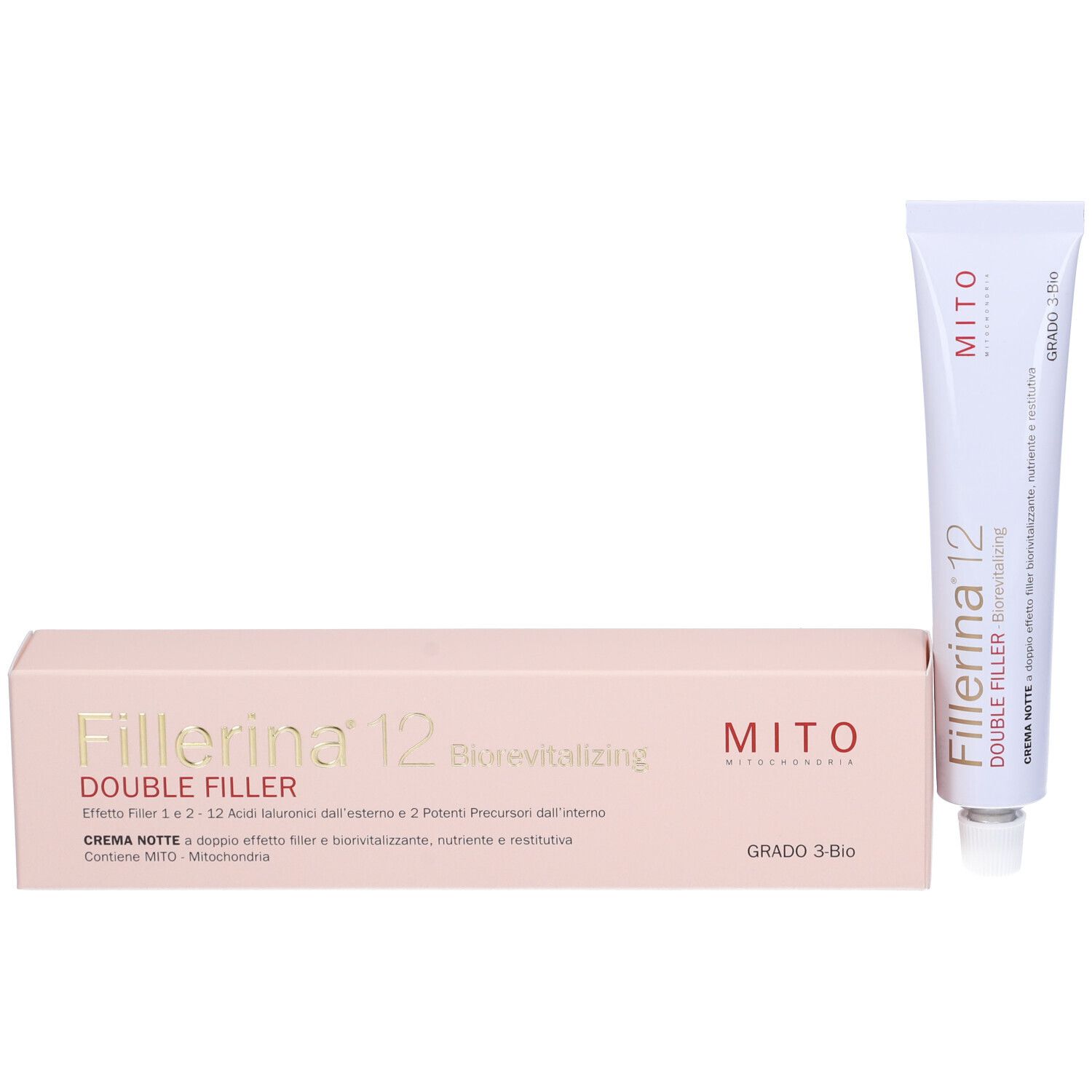 Confezione e tubo. Confezione: Fillerina 12 Double Filler. Tubo: Fillerina 12 Double Filler, Crema Notte, Grado 3 Bio.