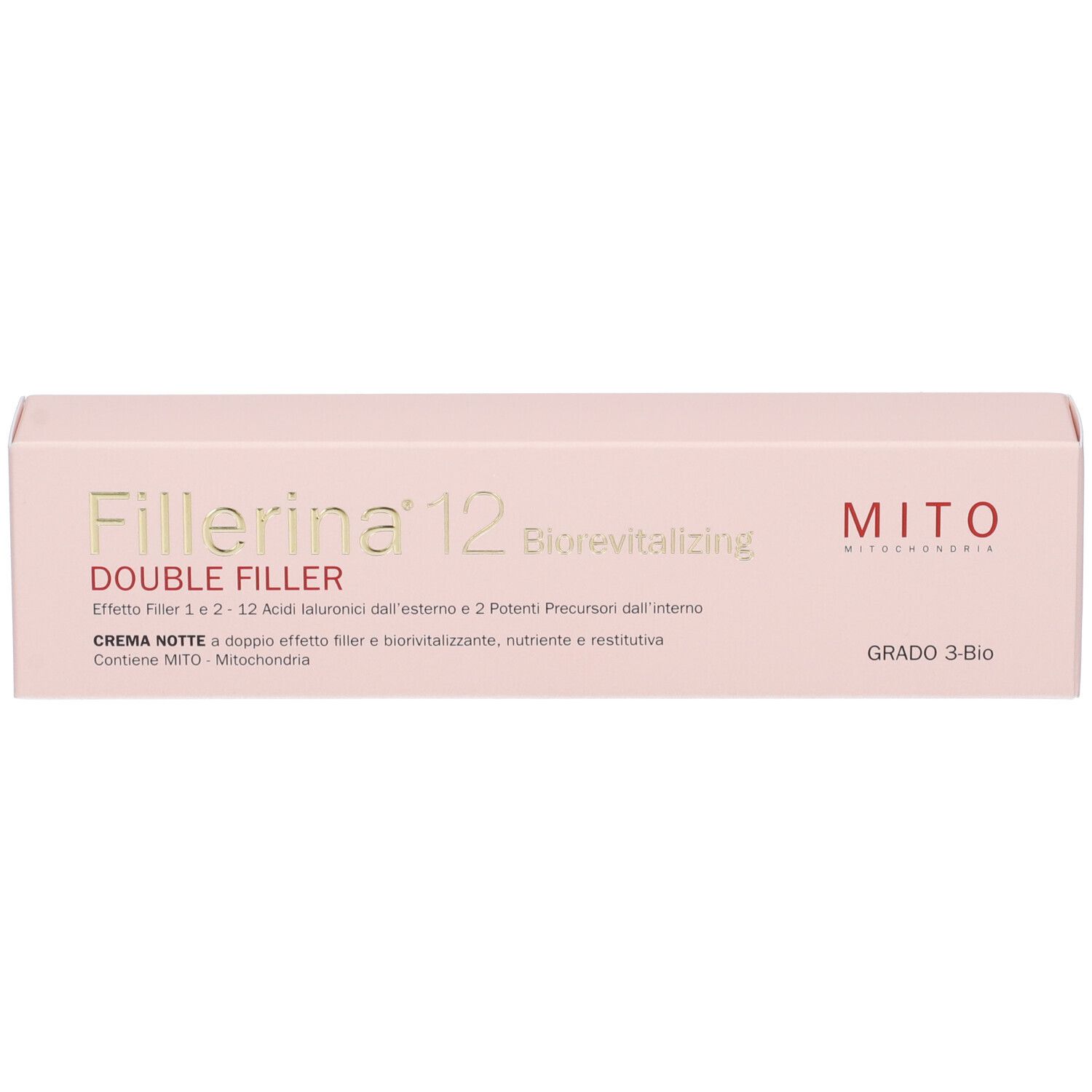 Confezione rosa. Scritta: Fillerina 12 Double Filler, Crema Notte, Grado 3 Bio. Marchio Mito.