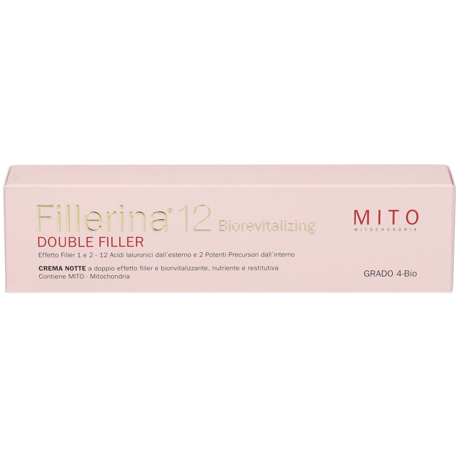 Scatola rosa con scritta Fillerina 12 Double Filler, Mito e Grado 4 Bio. Confezione.