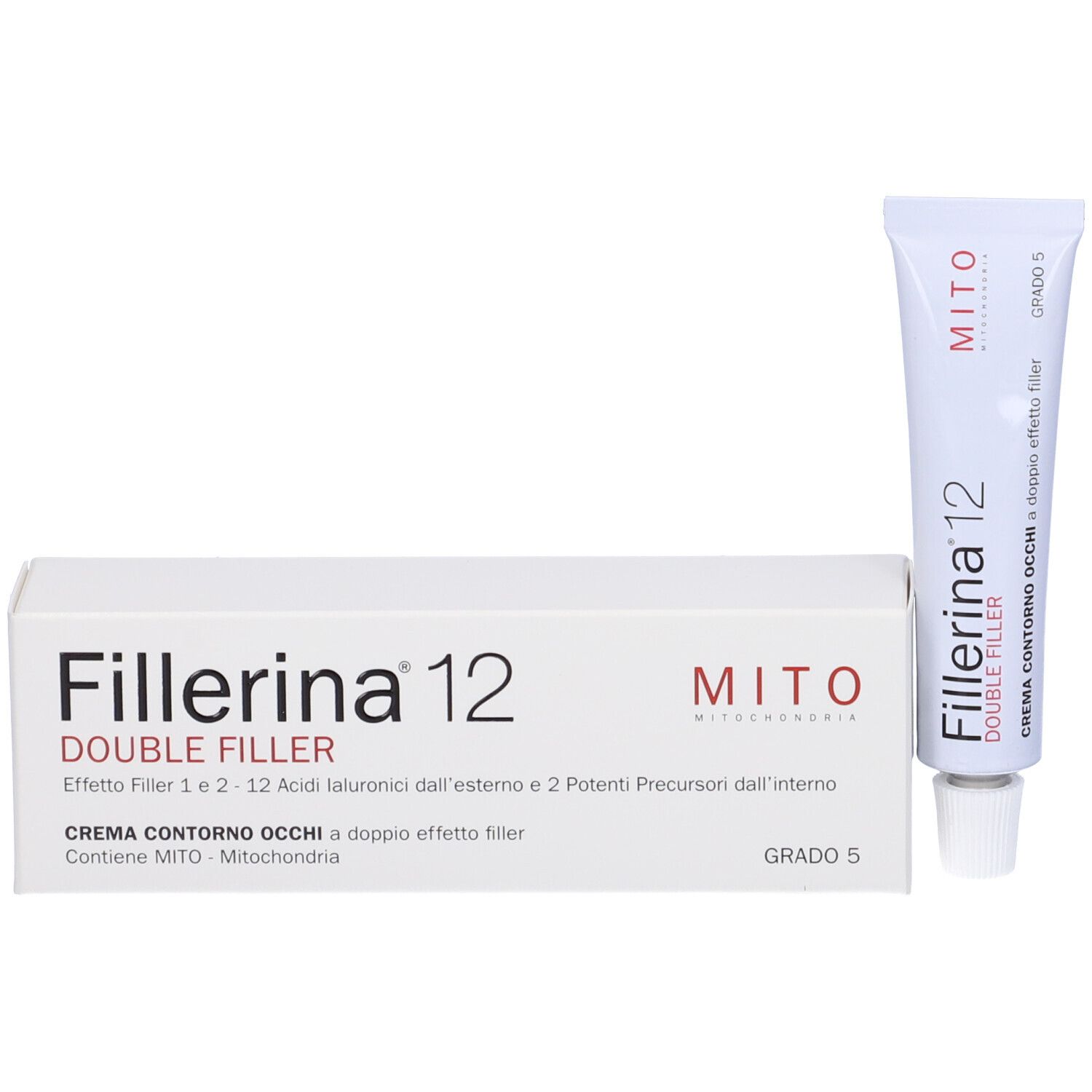 Scatola bianca e tubo. Sulla scatola c'è scritto Fillerina 12 Double Filler, Mito. Contiene crema contorno occhi. Grado 5.