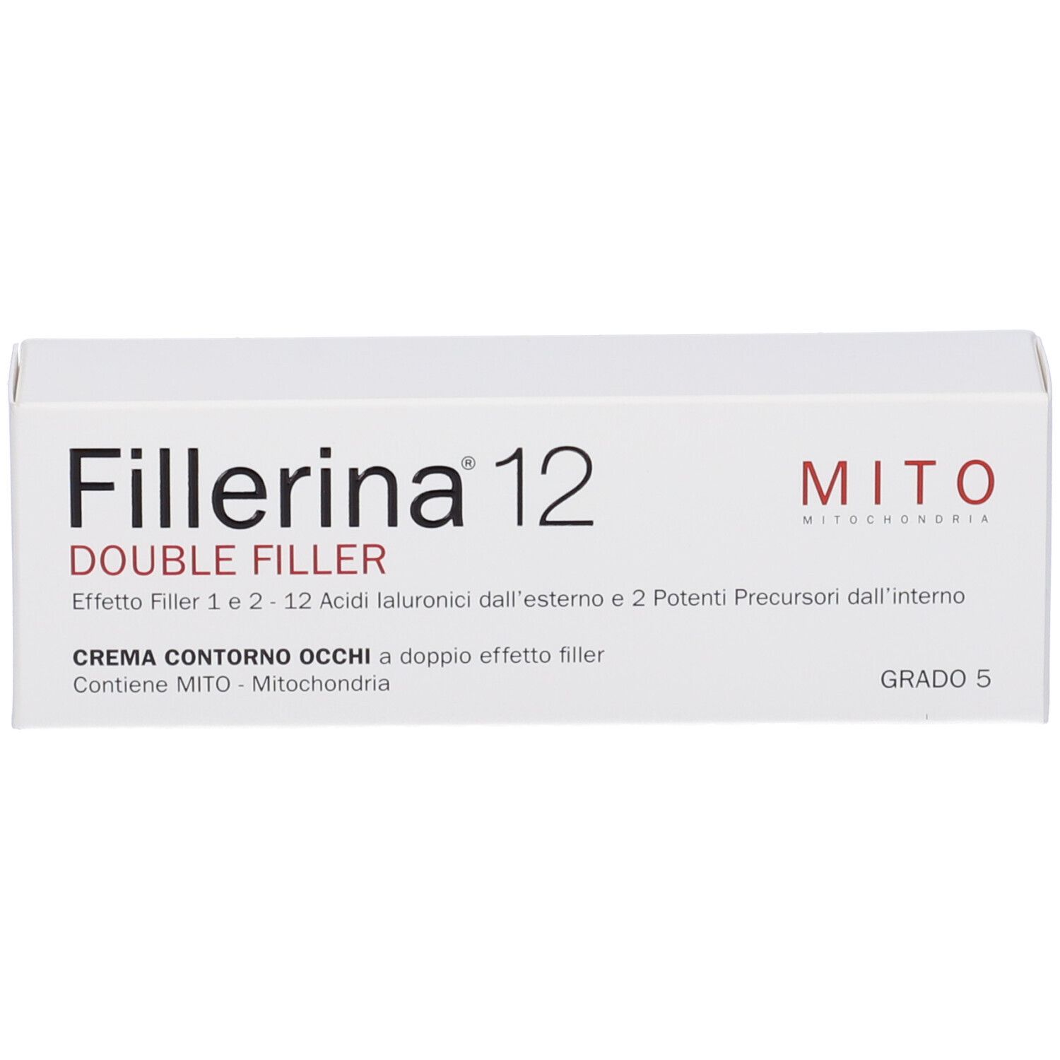 Scatola bianca con scritta Fillerina 12 Double Filler, Mito. Contiene crema contorno occhi. Grado 5.