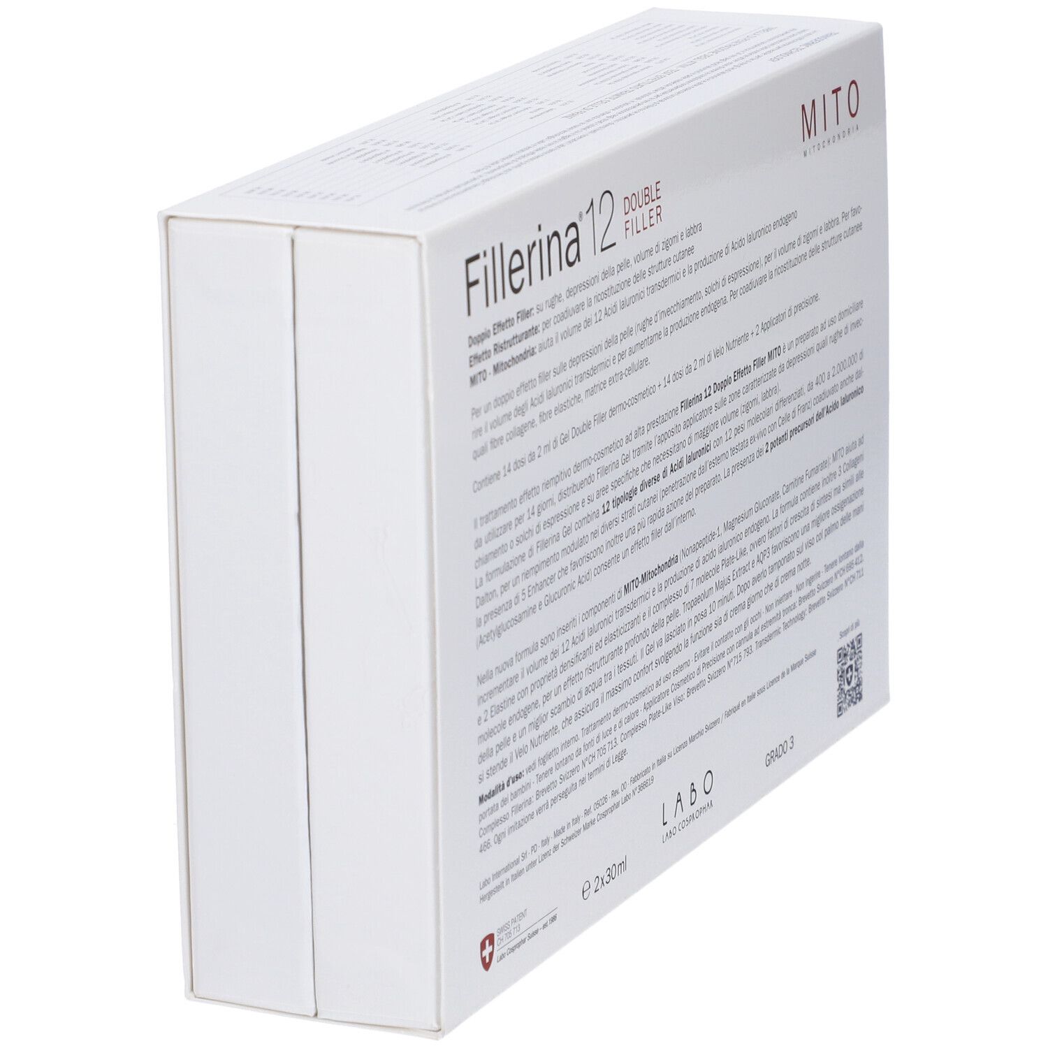 Confezione bianca con nome e testo del prodotto. Contiene informazioni e loghi. Grado 3.