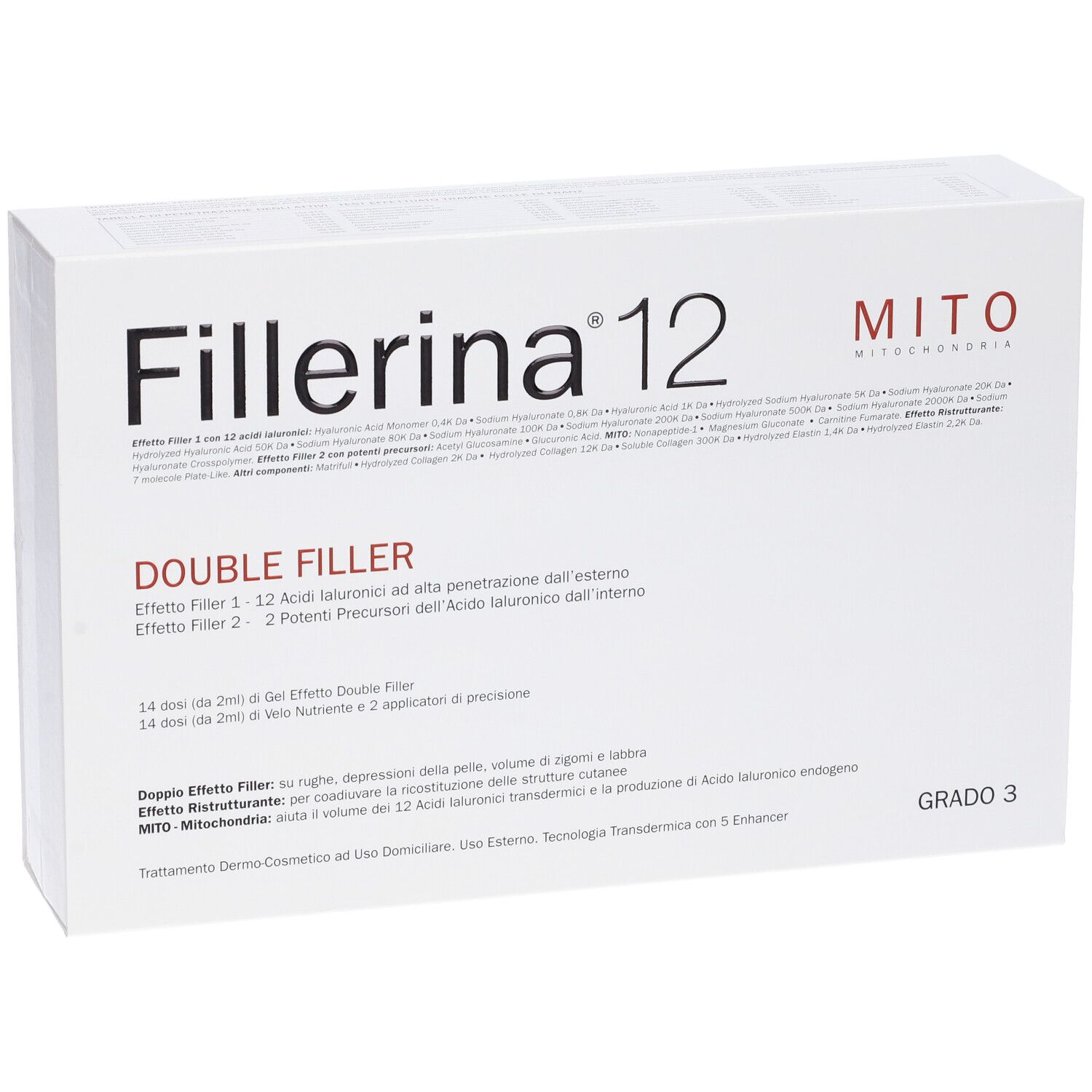 Confezione bianca con nome e testo del prodotto. Contiene informazioni e logo. Grado 3.