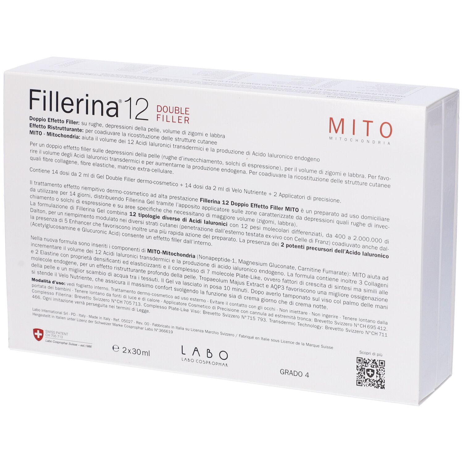 Confezione bianca con nome prodotto Fillerina 12 Double Filler Mito Base Grado 4. Testo in italiano.