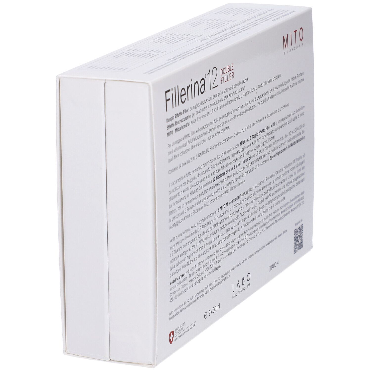 Confezione bianca con nome prodotto Fillerina 12 Double Filler Mito Base Grado 4. Testo in italiano.