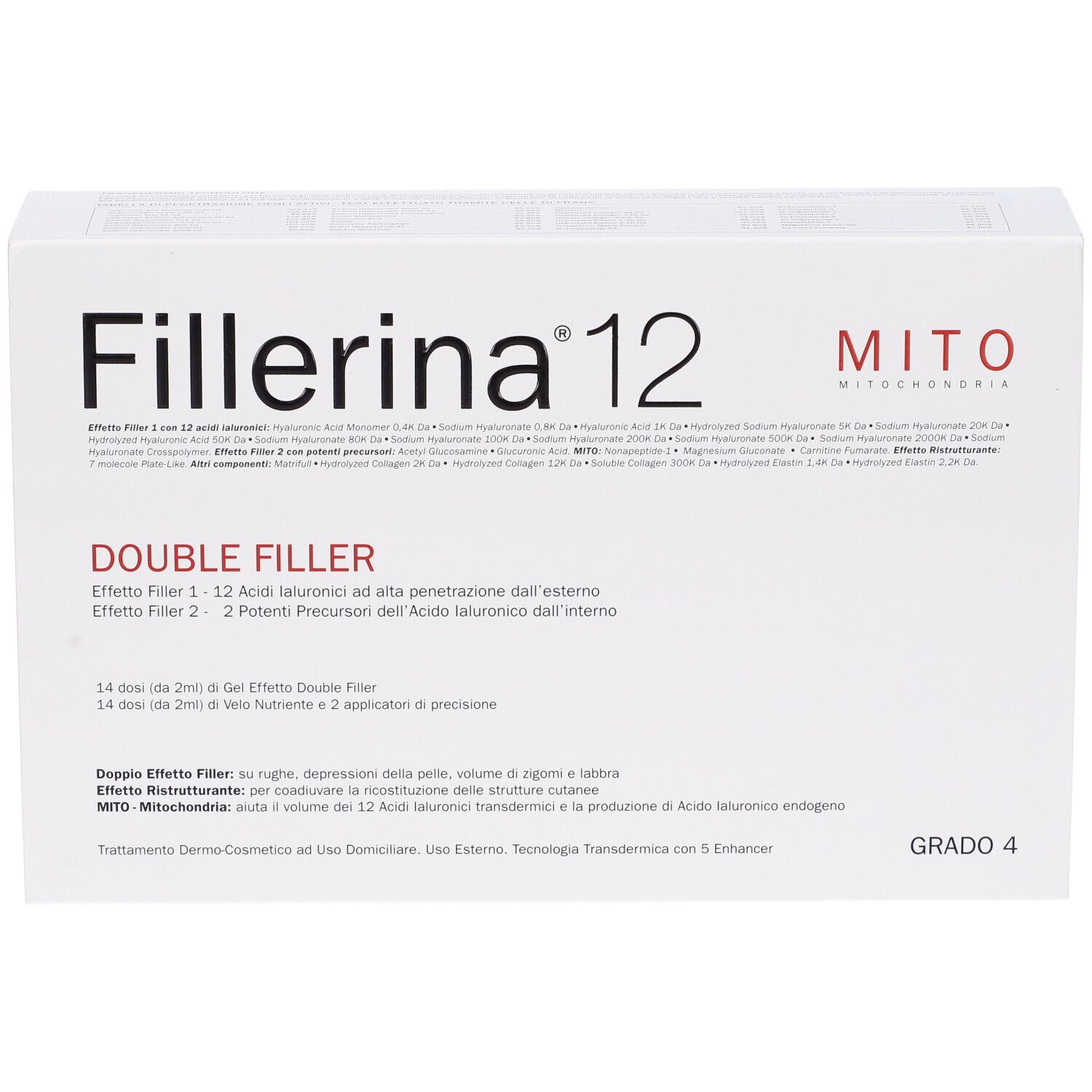 Confezione bianca con nome prodotto Fillerina 12 Double Filler Mito Base Grado 4. Testo in italiano.