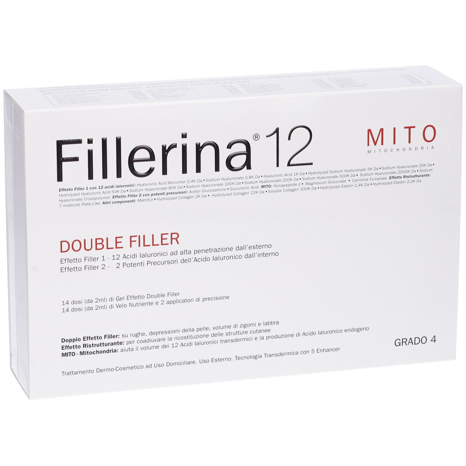 Confezione bianca con nome prodotto Fillerina 12 Double Filler Mito Base Grado 4. Testo in italiano.
