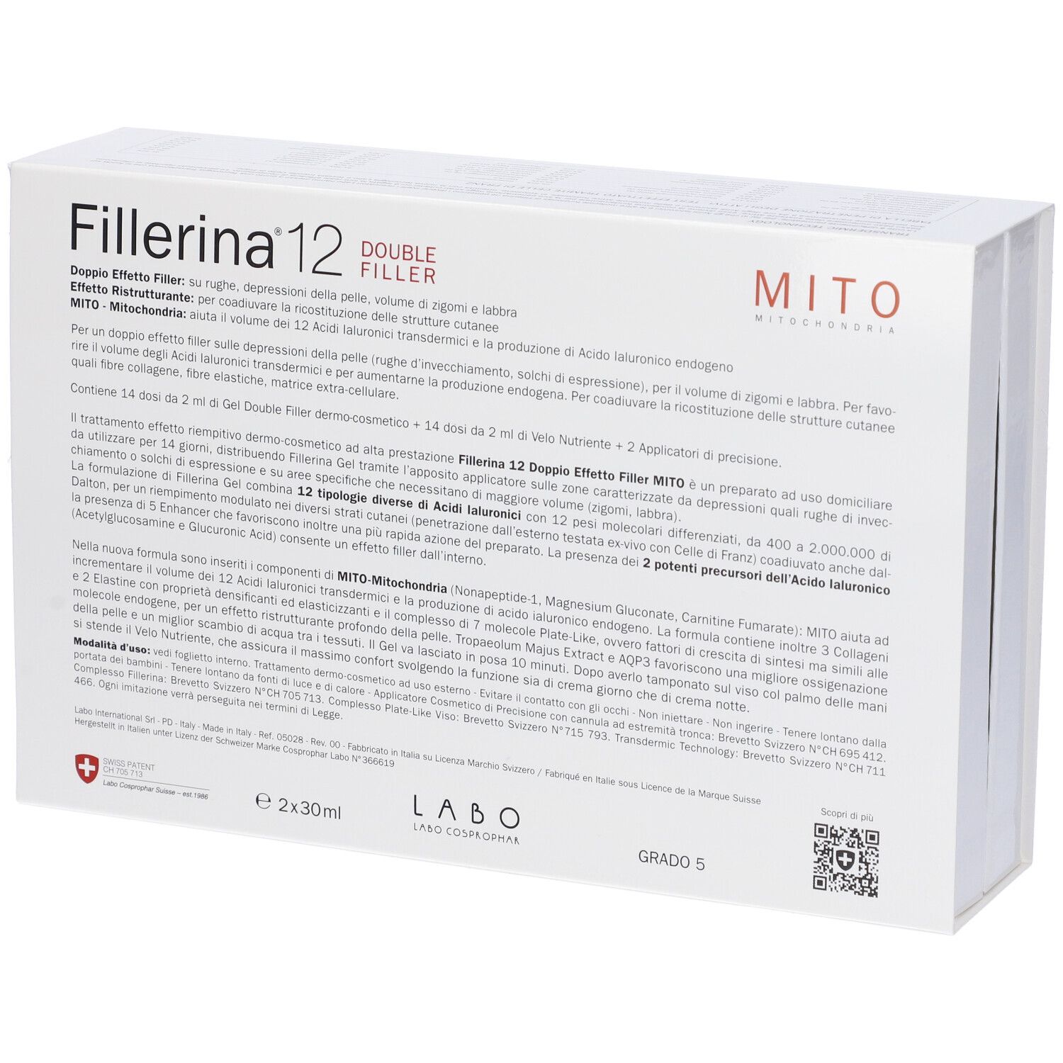 Confezione bianca con testo. Nome prodotto "Fillerina 12 Double Filler". Testo in italiano. Croce svizzera.