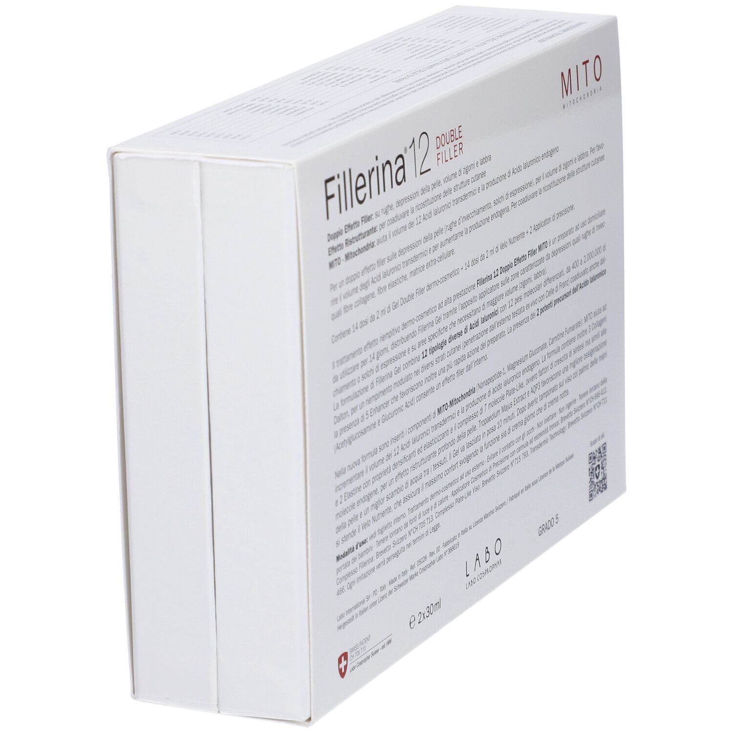 Confezione bianca con testo. Nome prodotto "Fillerina 12 Double Filler". Testo in italiano. Vista obliqua.