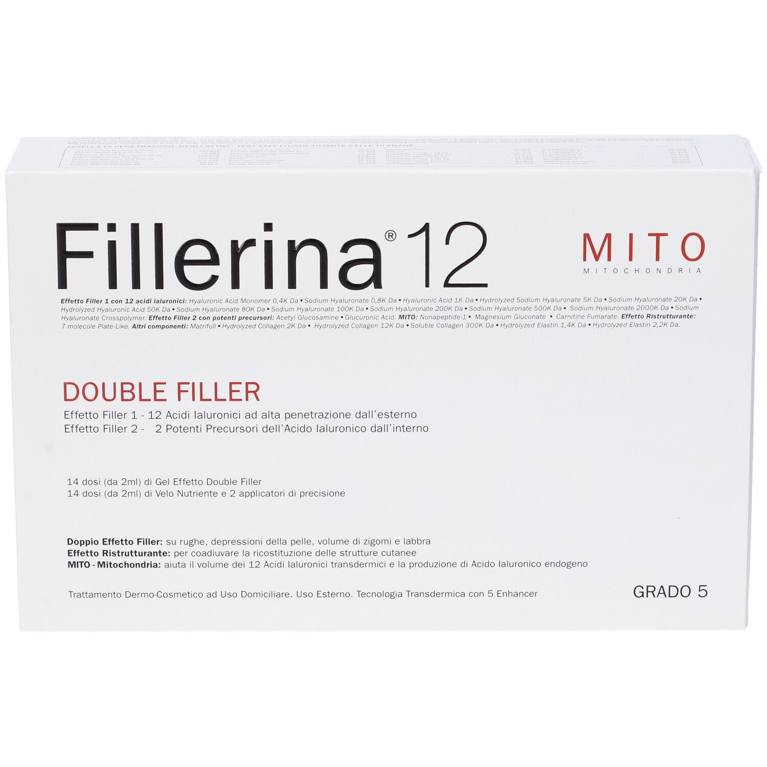 Confezione bianca con testo. Nome prodotto "Fillerina 12 Double Filler". Testo in italiano. "Grado 5".