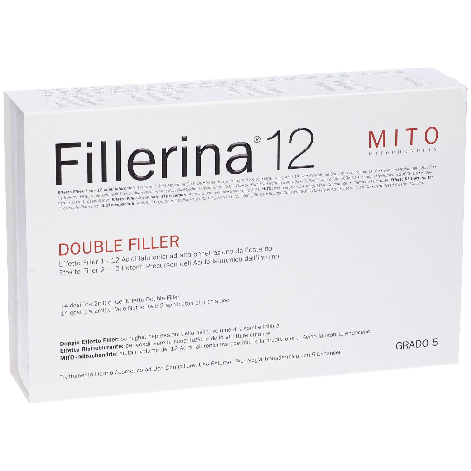 Confezione bianca con testo. Nome prodotto "Fillerina 12 Double Filler". Testo in italiano. "Grado 5".
