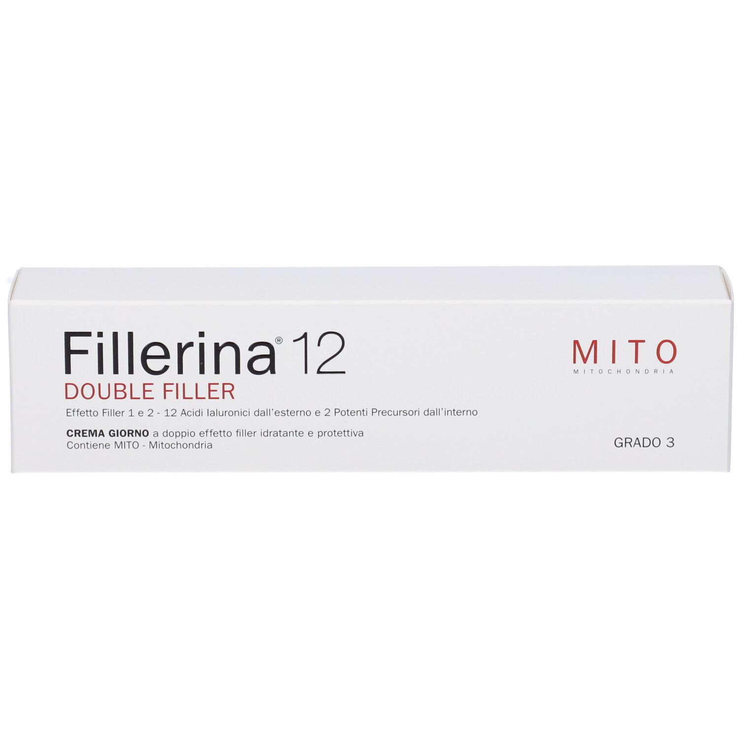 Scatola bianca con scritta Fillerina 12 Double Filler, Mito e Grado 3.