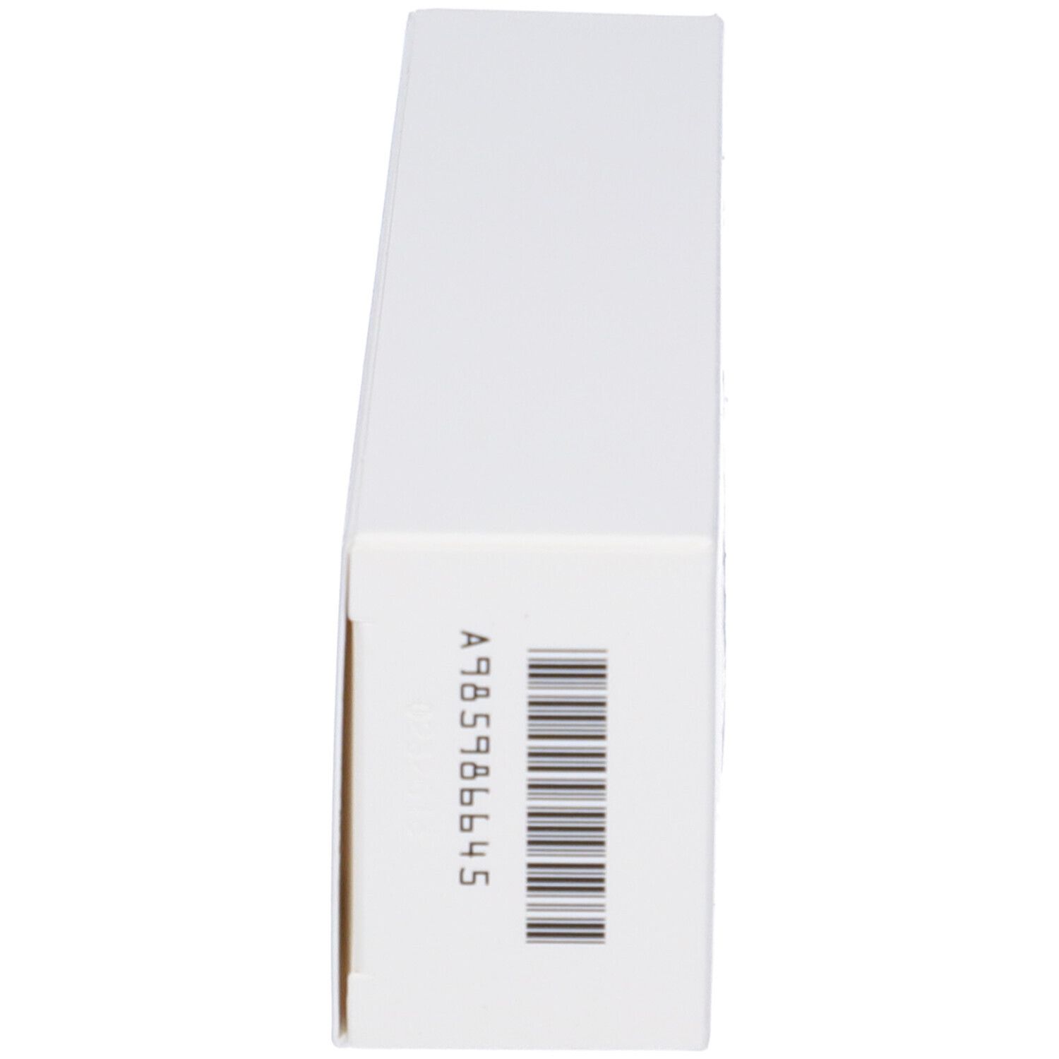Scatola bianca, vista laterale. Codice a barre e scritta A985986645.