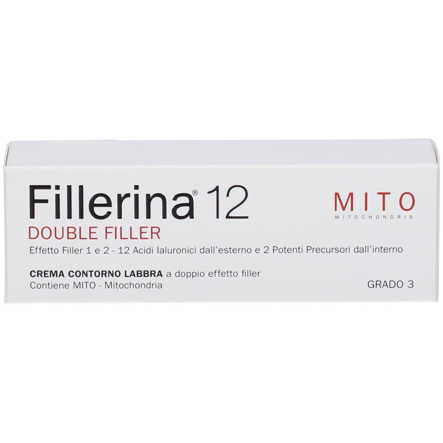 Scatola bianca Fillerina 12 Double Filler. Crema contorno labbra. Grado 3.
