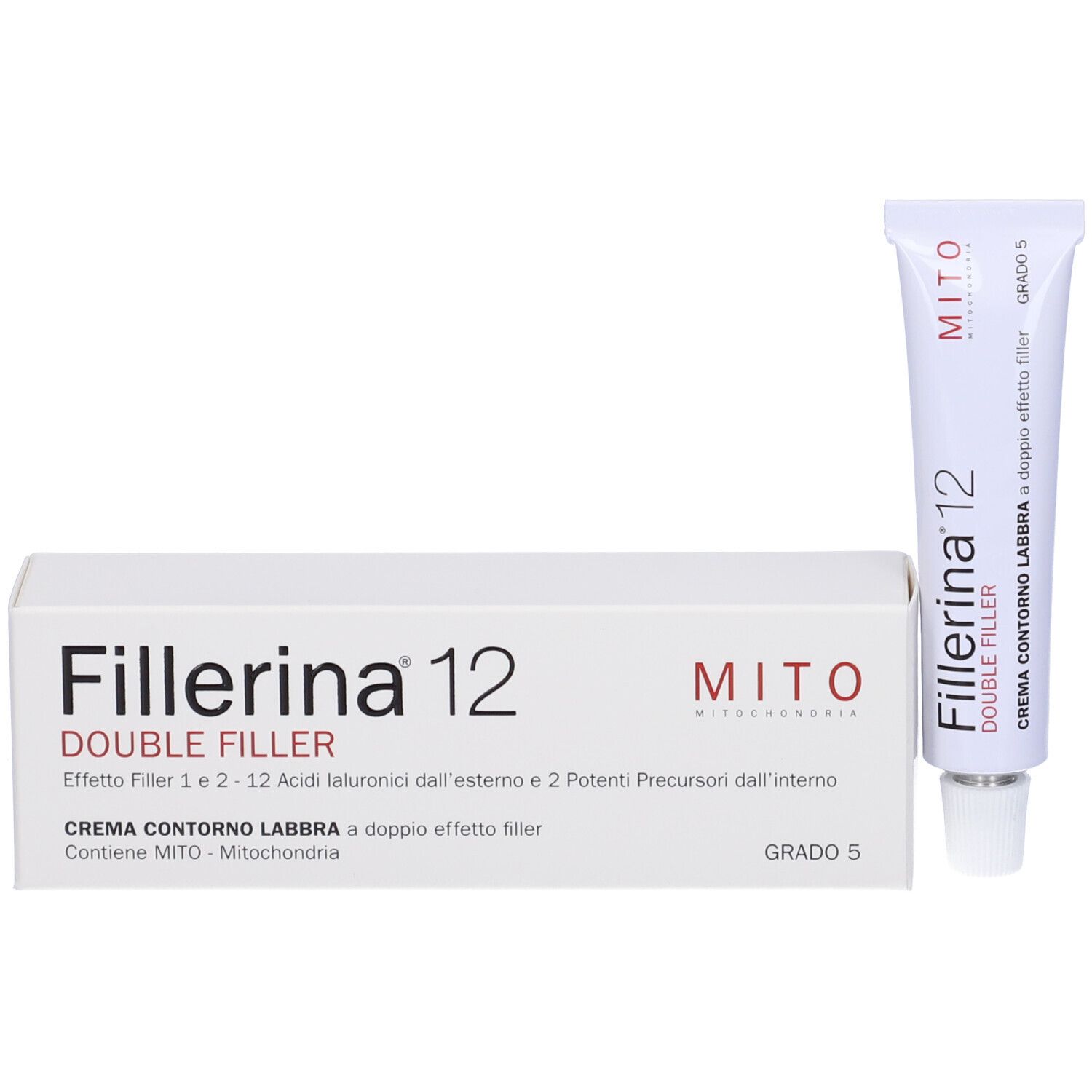 Scatola bianca e tubo. Fillerina 12 Double Filler. Crema Contorno Labbra. Grado 5.