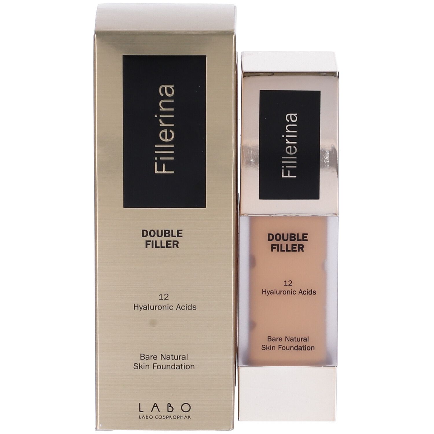 Fondotinta e confezione. Contiene 12 acidi ialuronici. Bare Natural Skin Foundation. Marchio Fillerina.