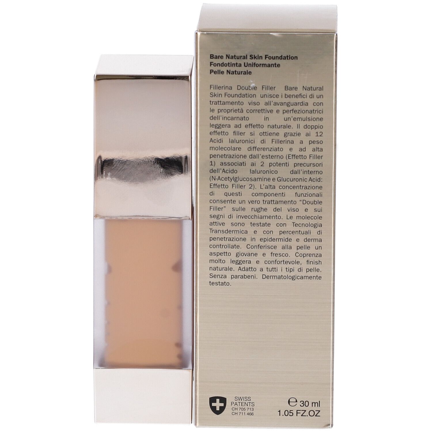 Descrizione del prodotto sulla confezione. Bare Natural Skin Foundation. Marchio Fillerina.