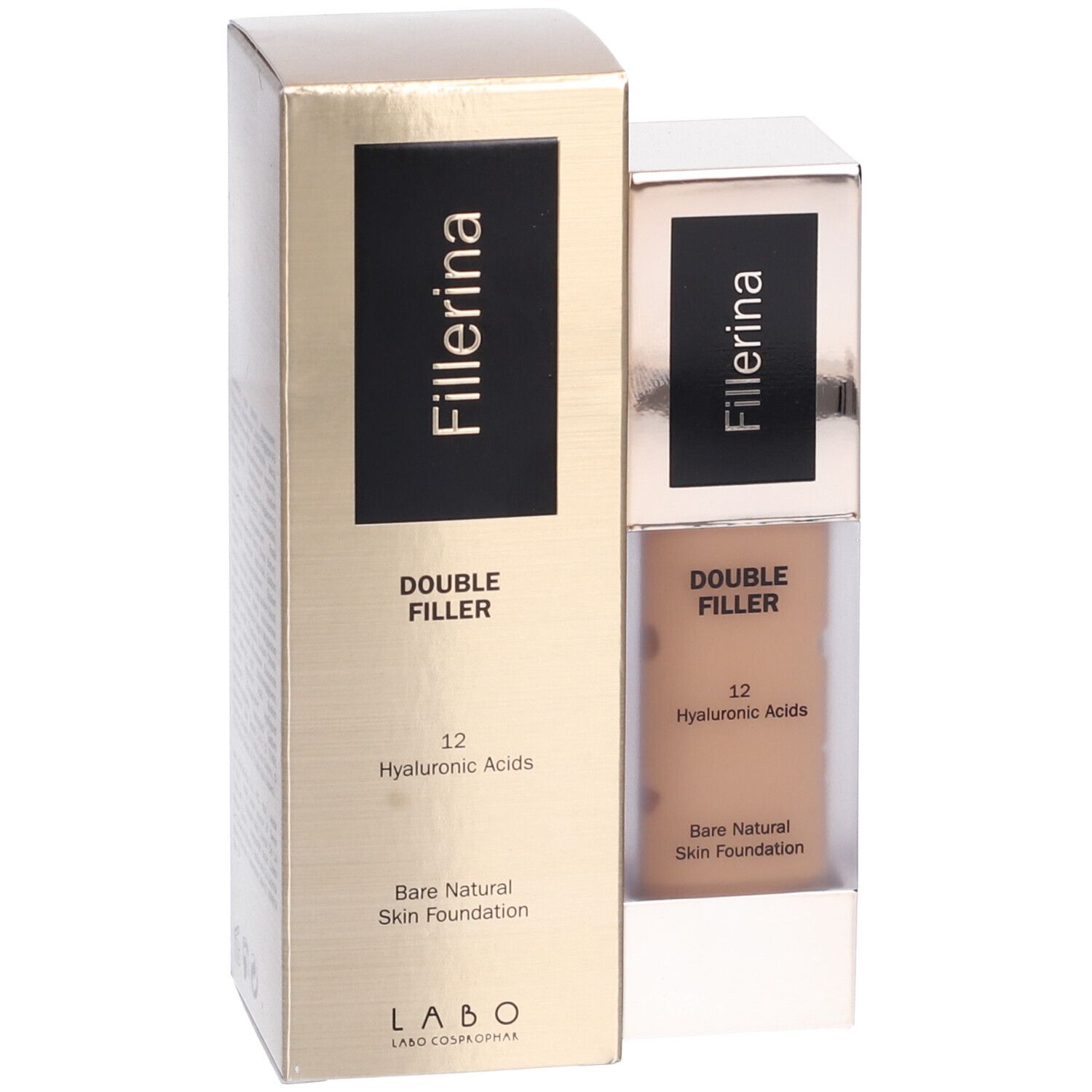 Fondotinta e confezione. Contiene 12 acidi ialuronici. Bare Natural Skin Foundation. Marchio Fillerina.