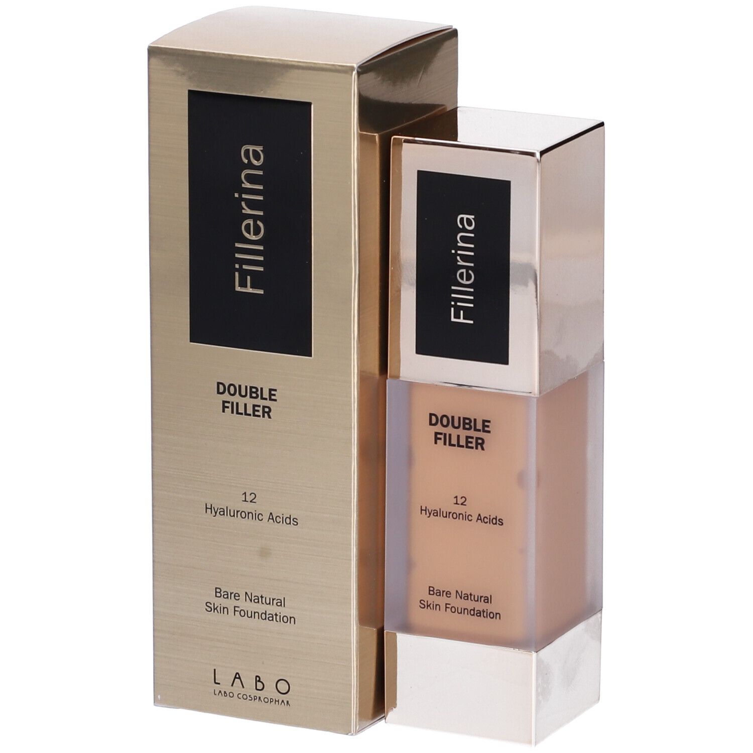 Fondotinta e confezione. Contiene 12 acidi ialuronici. Bare Natural Skin Foundation. Marchio Fillerina.