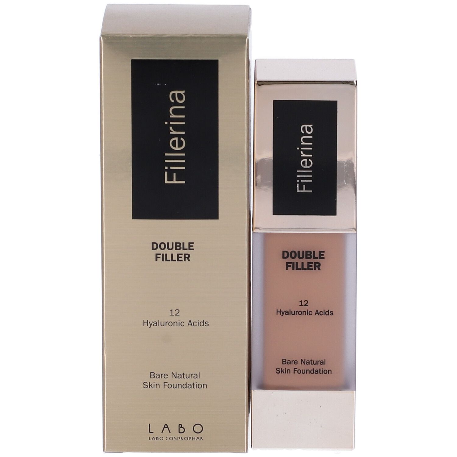 Fondotinta e confezione. Scritta: Fillerina Double Filler 12 Hyaluronic Acids Bare Natural Skin Foundation.