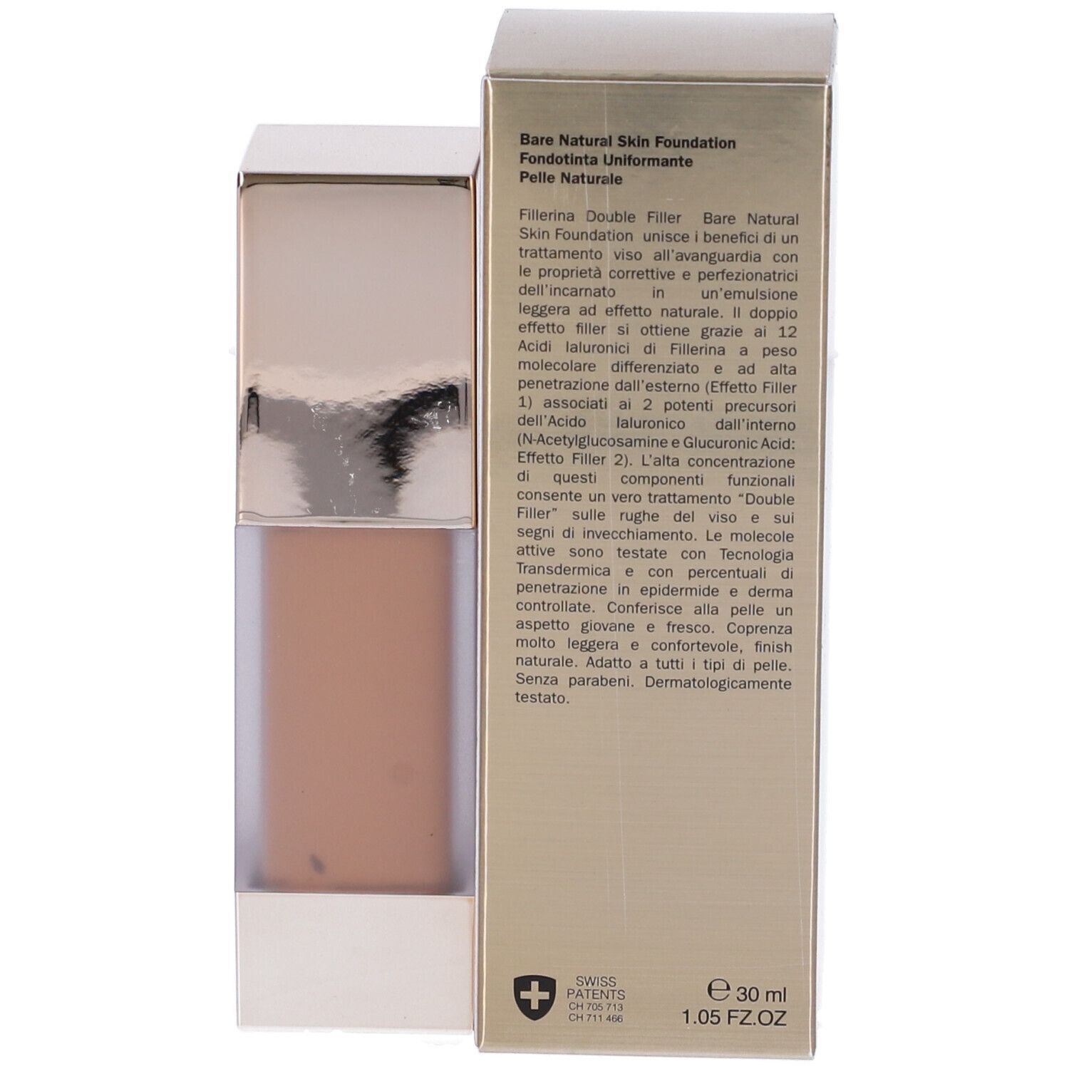 Confezione e fondotinta. Testo: Fillerina Double Filler 12 Hyaluronic Acids Bare Natural Skin Foundation. Brevetti svizzeri.