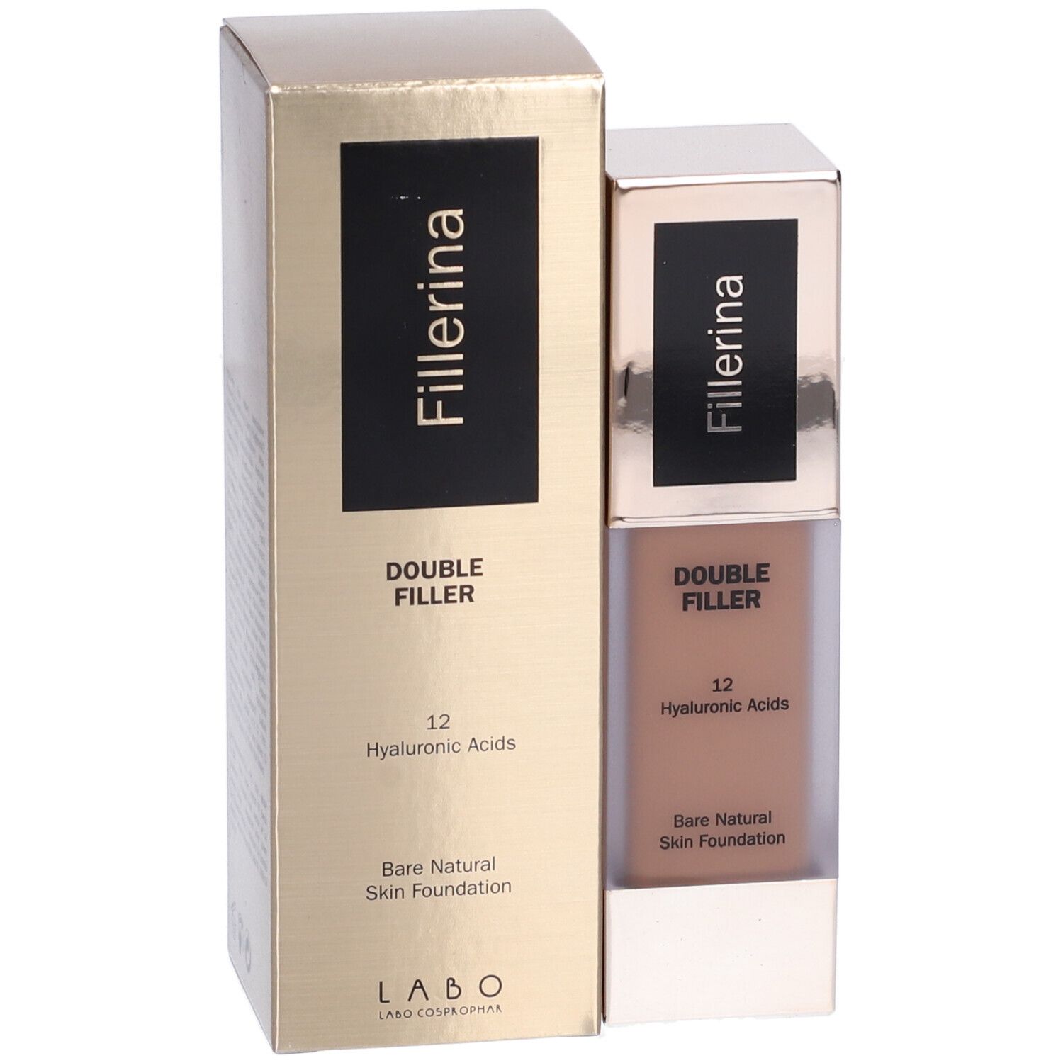 Fondotinta e confezione. Scritta: Fillerina Double Filler 12 Hyaluronic Acids Bare Natural Skin Foundation.