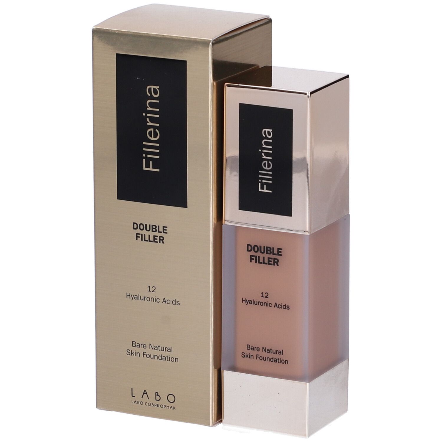 Fondotinta e confezione. Scritta: Fillerina Double Filler 12 Hyaluronic Acids Bare Natural Skin Foundation.