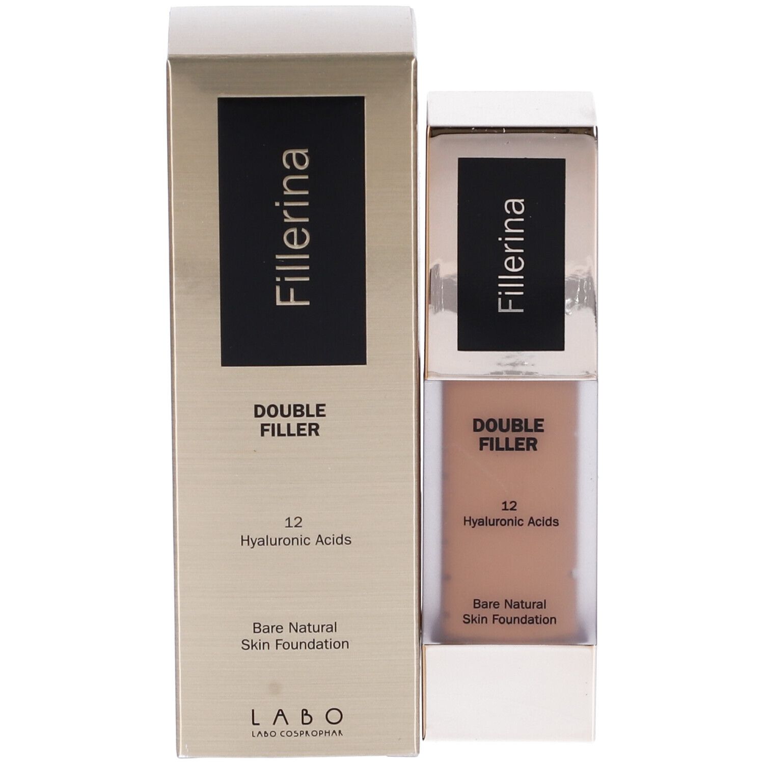 Confezione e flacone di fondotinta liquido. Scritta: Fillerina Double Filler 12 Hyaluronic Acids. Bare Natural Skin Foundation.