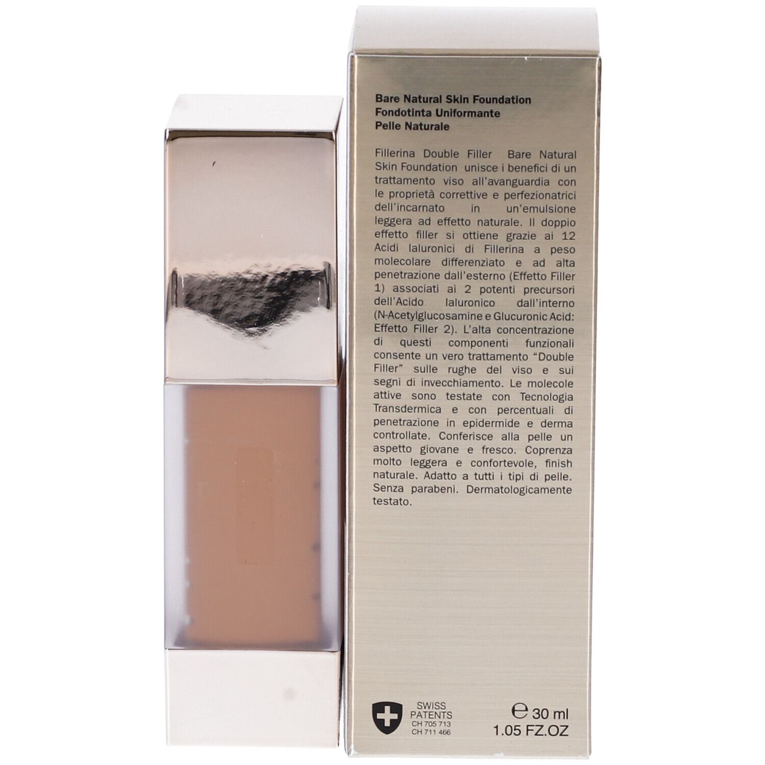 Confezione e flacone di fondotinta liquido. Testo in italiano. Marchio: Fillerina.