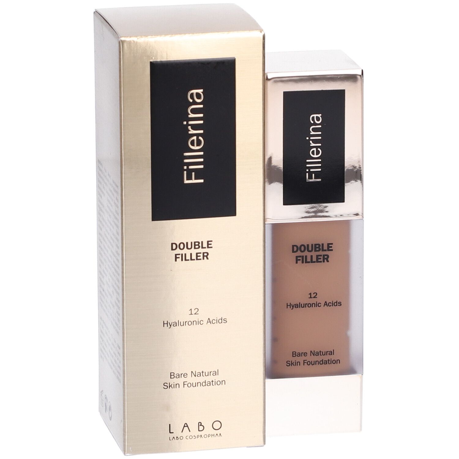 Confezione e flacone di fondotinta liquido. Scritta: Fillerina Double Filler 12 Hyaluronic Acids. Bare Natural Skin Foundation.