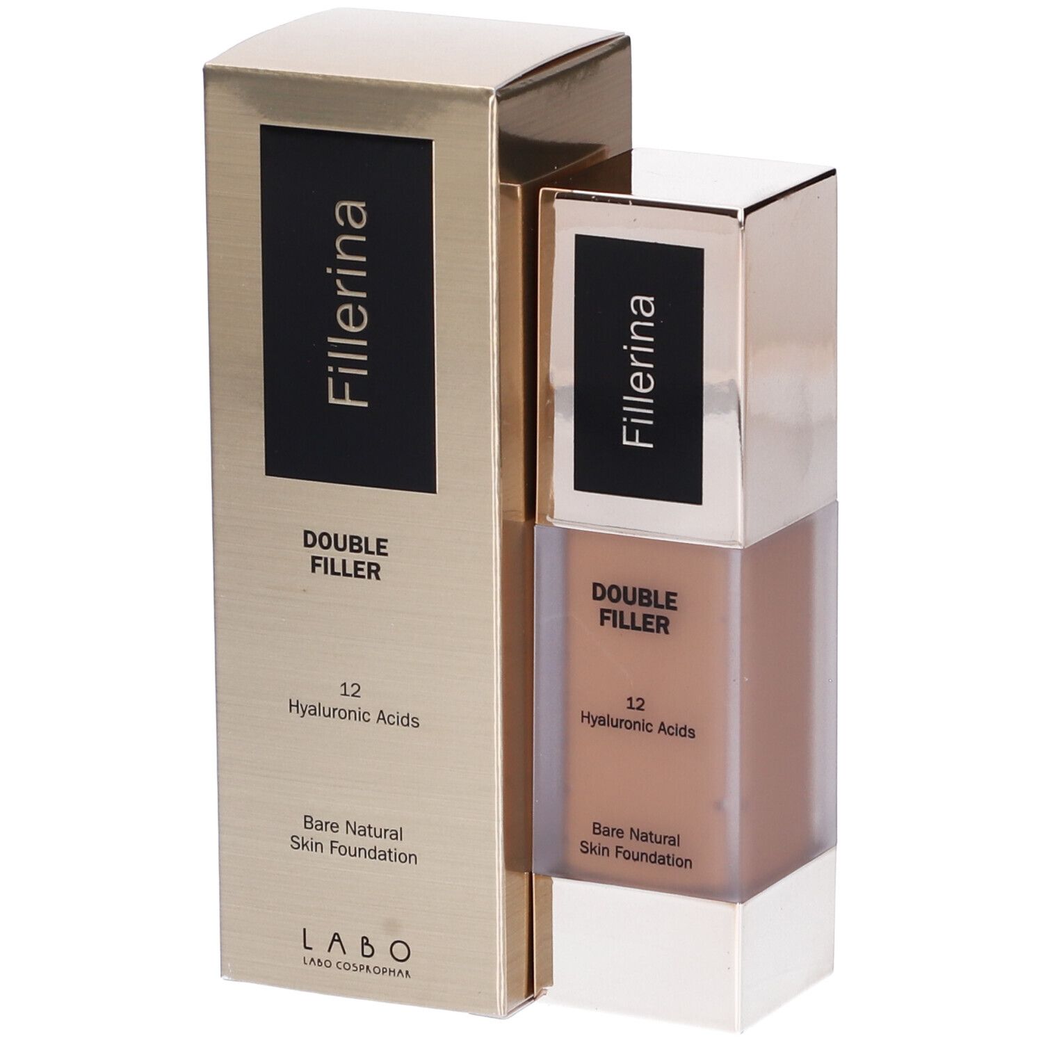 Confezione e flacone di fondotinta liquido. Scritta: Fillerina Double Filler 12 Hyaluronic Acids. Bare Natural Skin Foundation.
