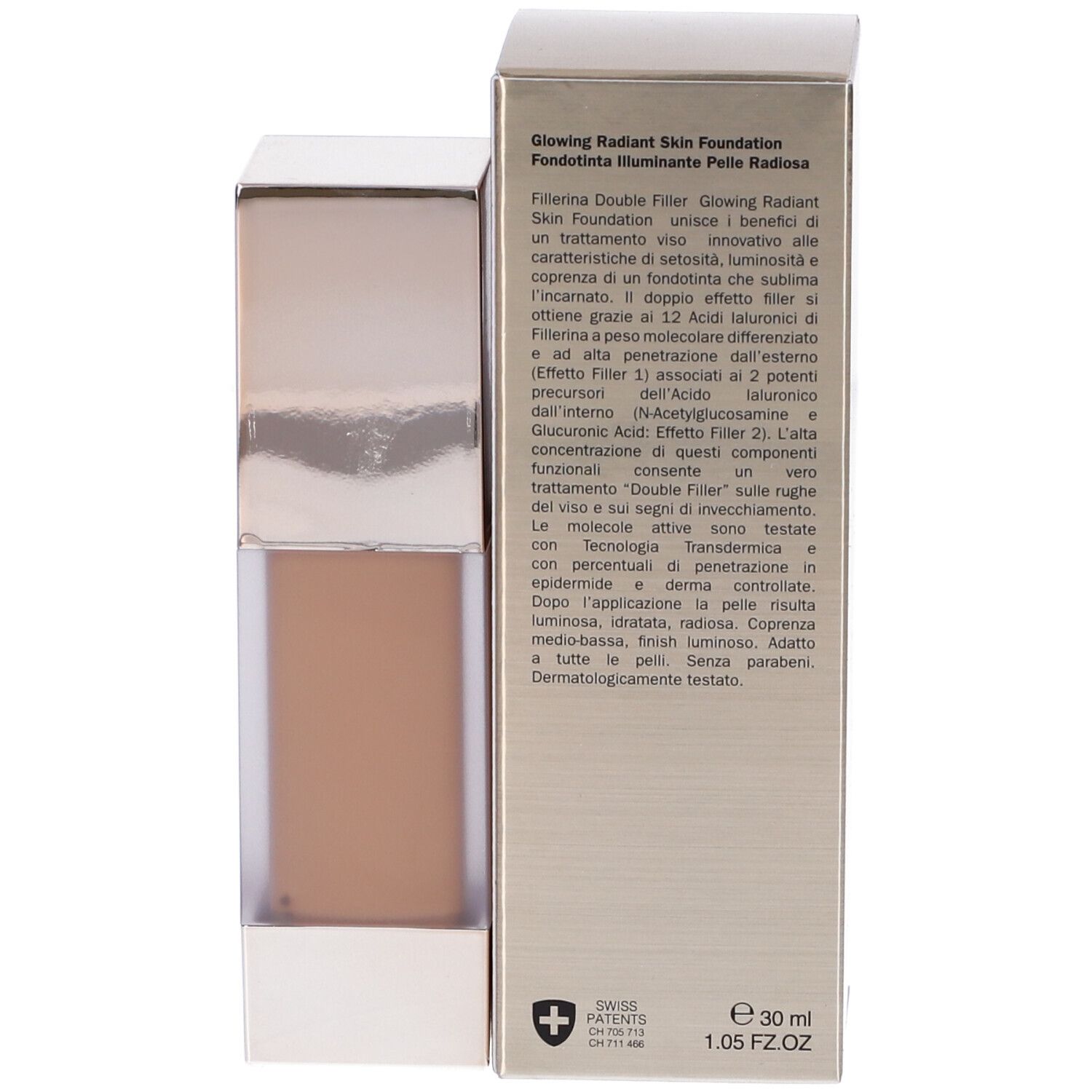 Confezione con descrizione del prodotto. Scritta: Fillerina Double Filler, Glowing Radiant Skin Foundation. Swiss Patents, 30 ml.