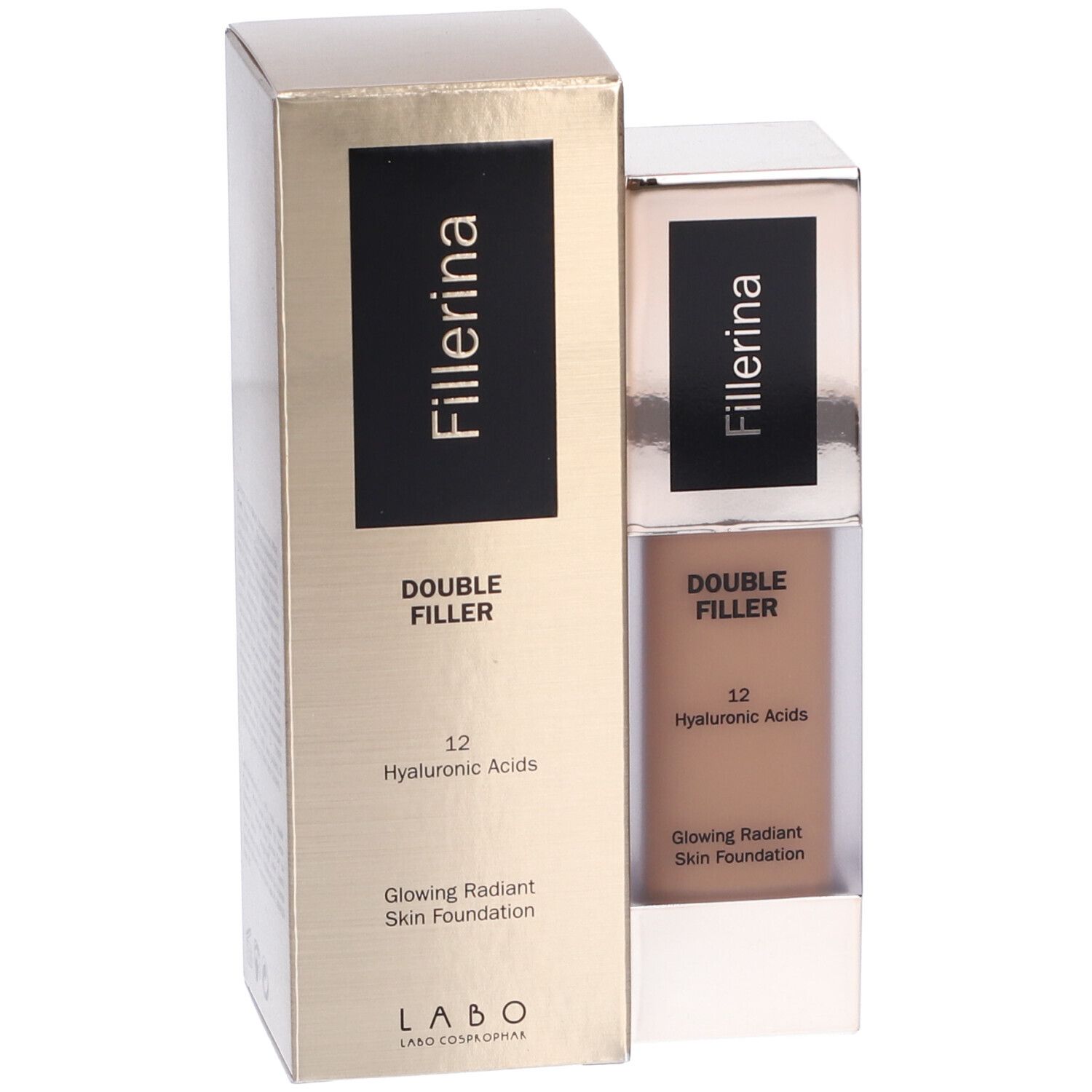 Fondotinta con confezione. Scritta: Fillerina, Double Filler, 12 Acidi Ialuronici, Glowing Radiant Skin Foundation. Tonalità visibile.