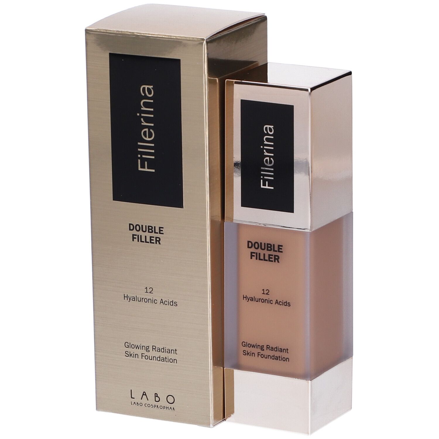 Fondotinta con confezione. Scritta: Fillerina, Double Filler, 12 Acidi Ialuronici, Glowing Radiant Skin Foundation. Tonalità visibile.