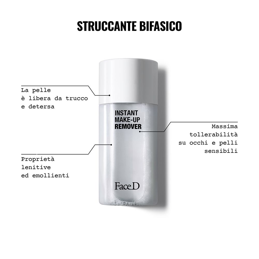 Prodotto con scritta: INSTANT MAKE-UP REMOVER. Testo: pelle libera dal trucco, massima tollerabilità per occhi e pelli sensibili.