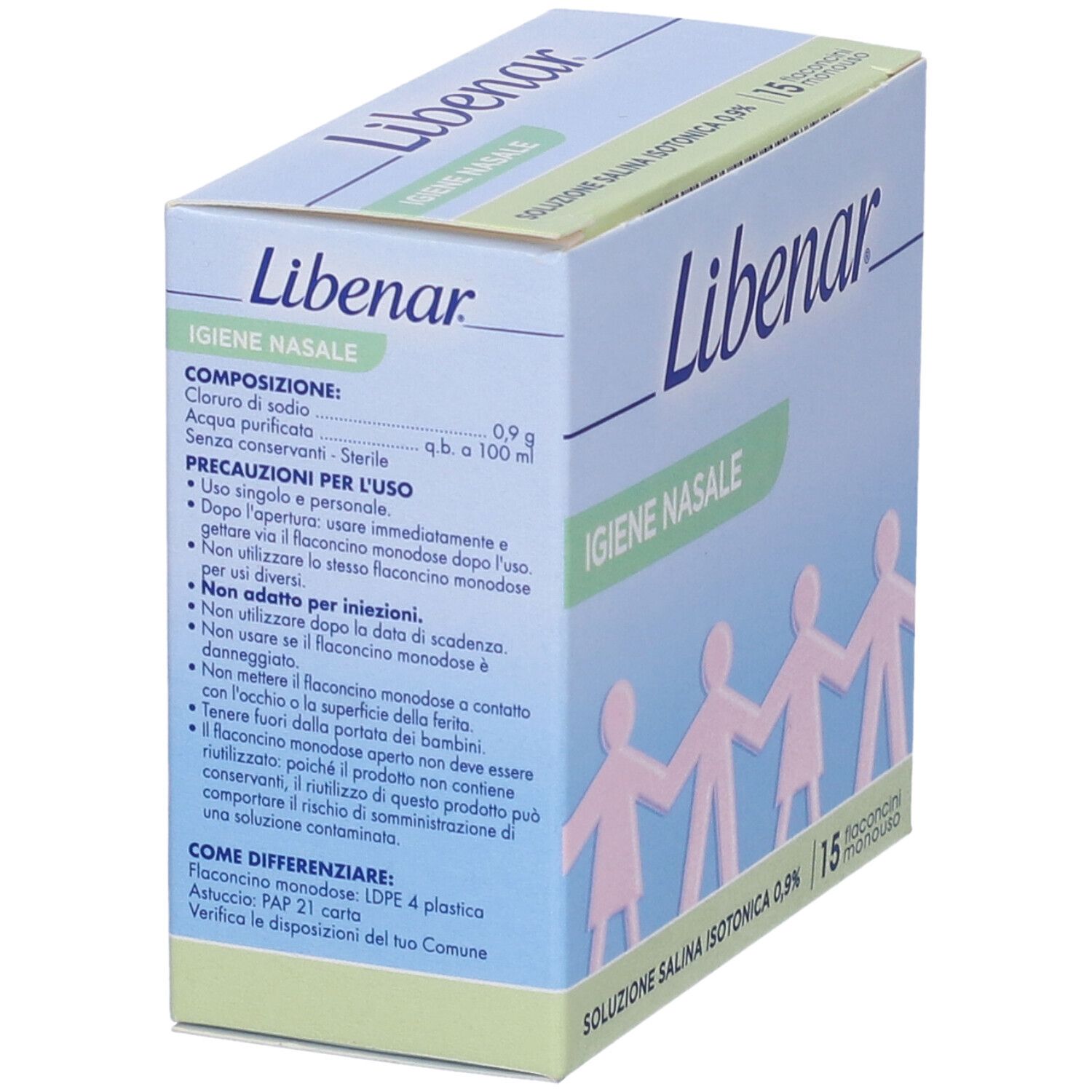 Scatola Libenar, Igien Nasale, Soluzione Salina Isotonica, 15 flaconcini. Testo laterale. Figure. Blu, verde, bianco.