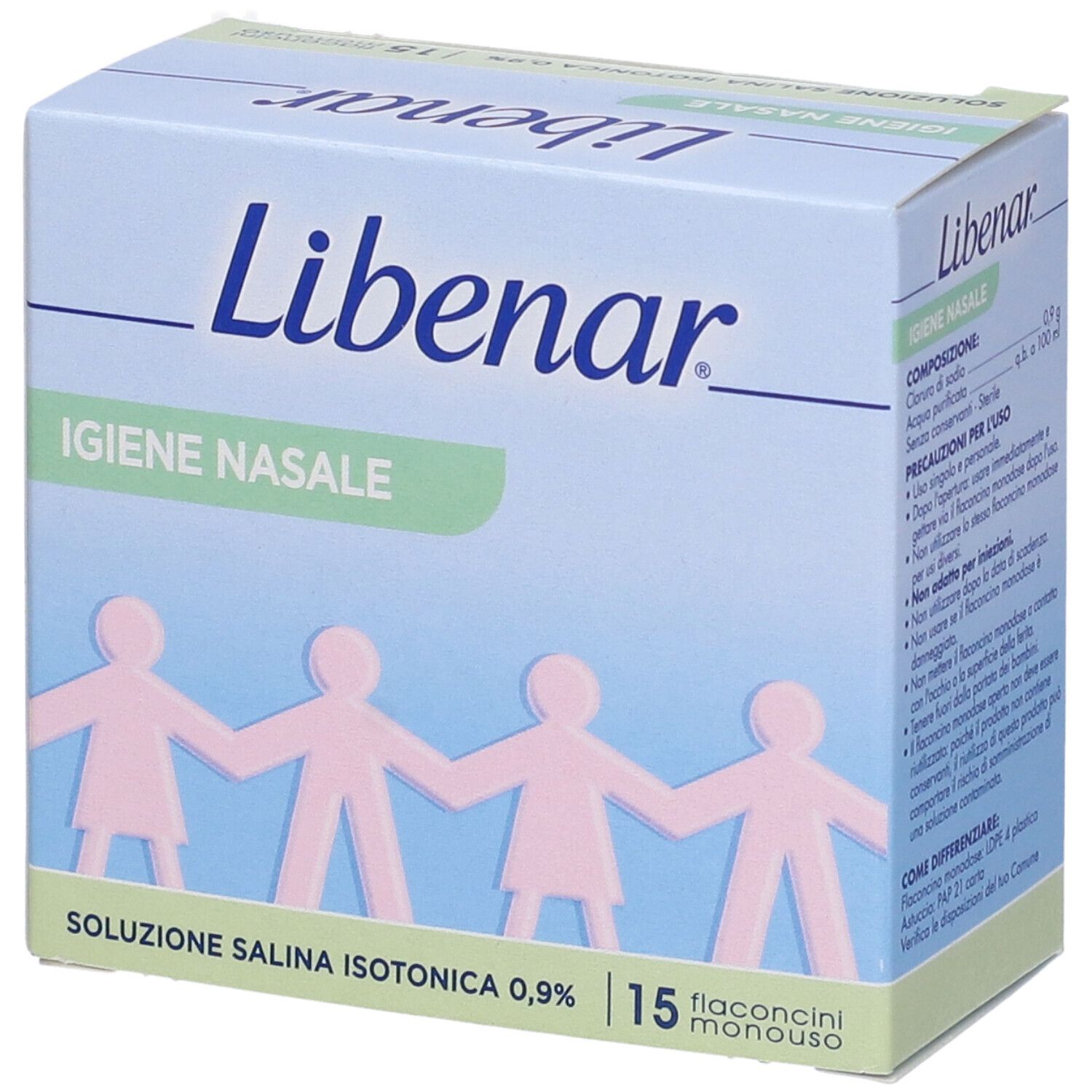 Scatola Libenar, Igien Nasale, Soluzione Salina Isotonica, 15 flaconcini. Testo laterale. Figure. Blu, verde, bianco.