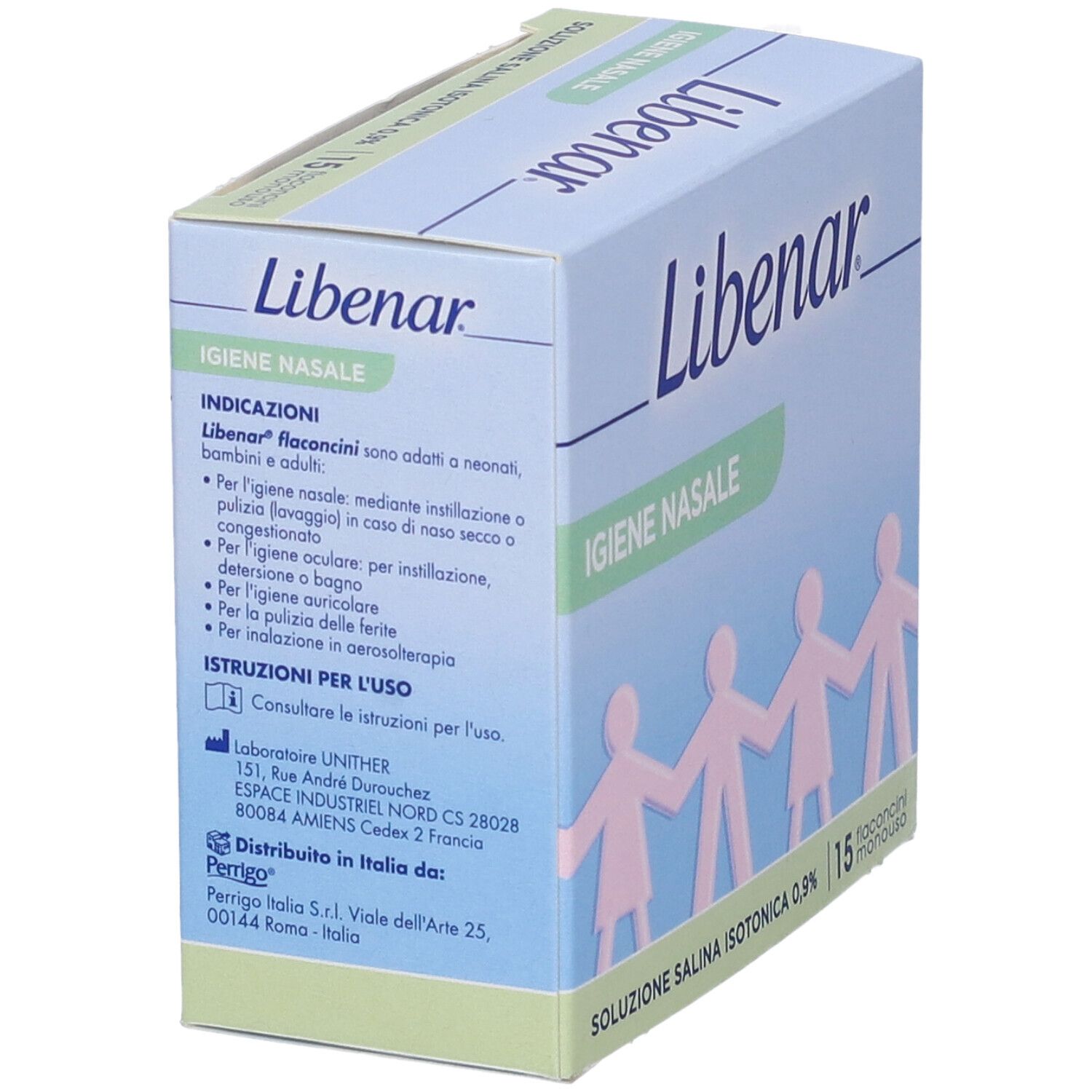 Scatola Libenar, Igien Nasale, Soluzione Salina Isotonica, 15 flaconcini. Testo laterale. Figure. Blu, verde, bianco.