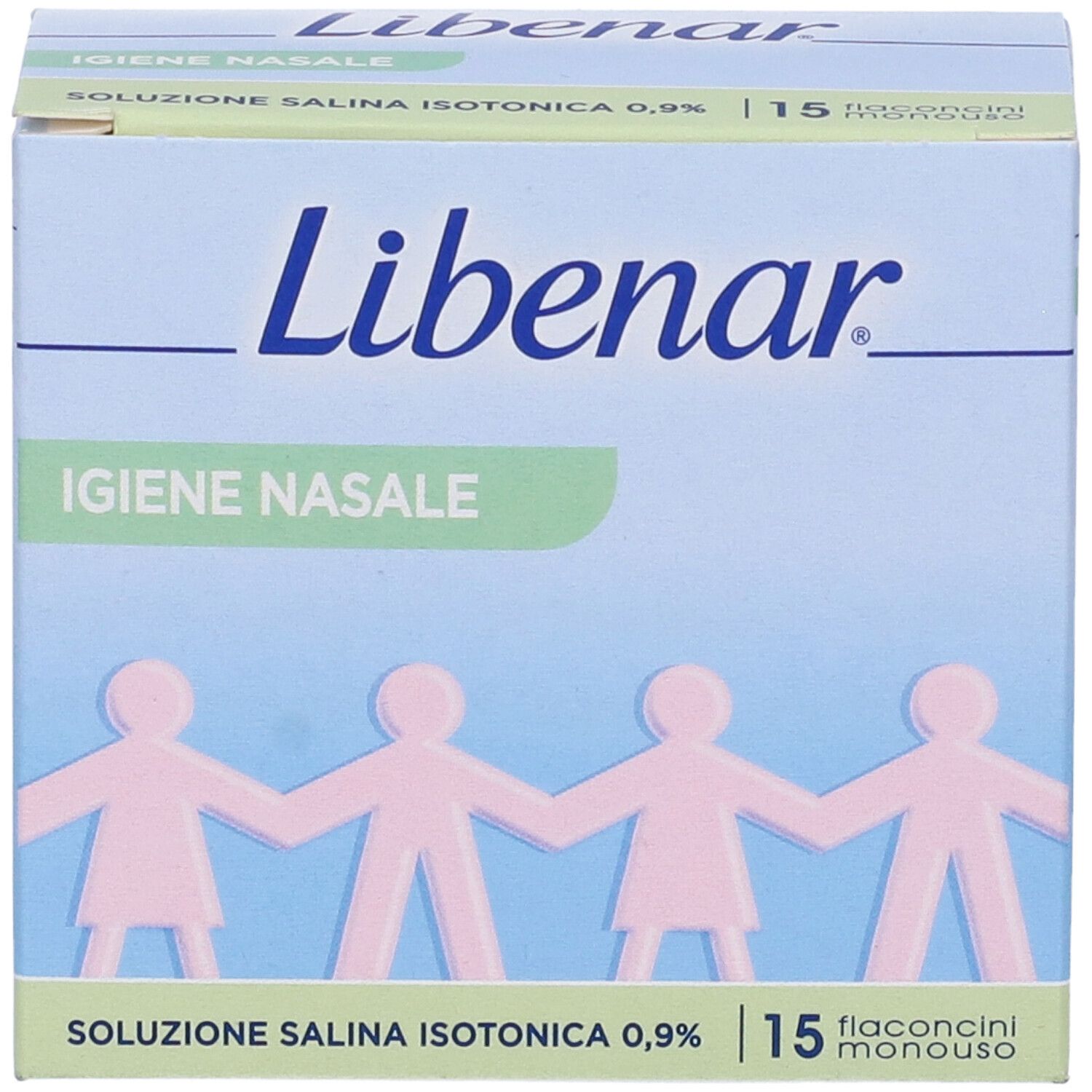 Scatola Libenar, Igien Nasale, Soluzione Salina Isotonica, 15 flaconcini. Figure. Blu, verde, bianco.