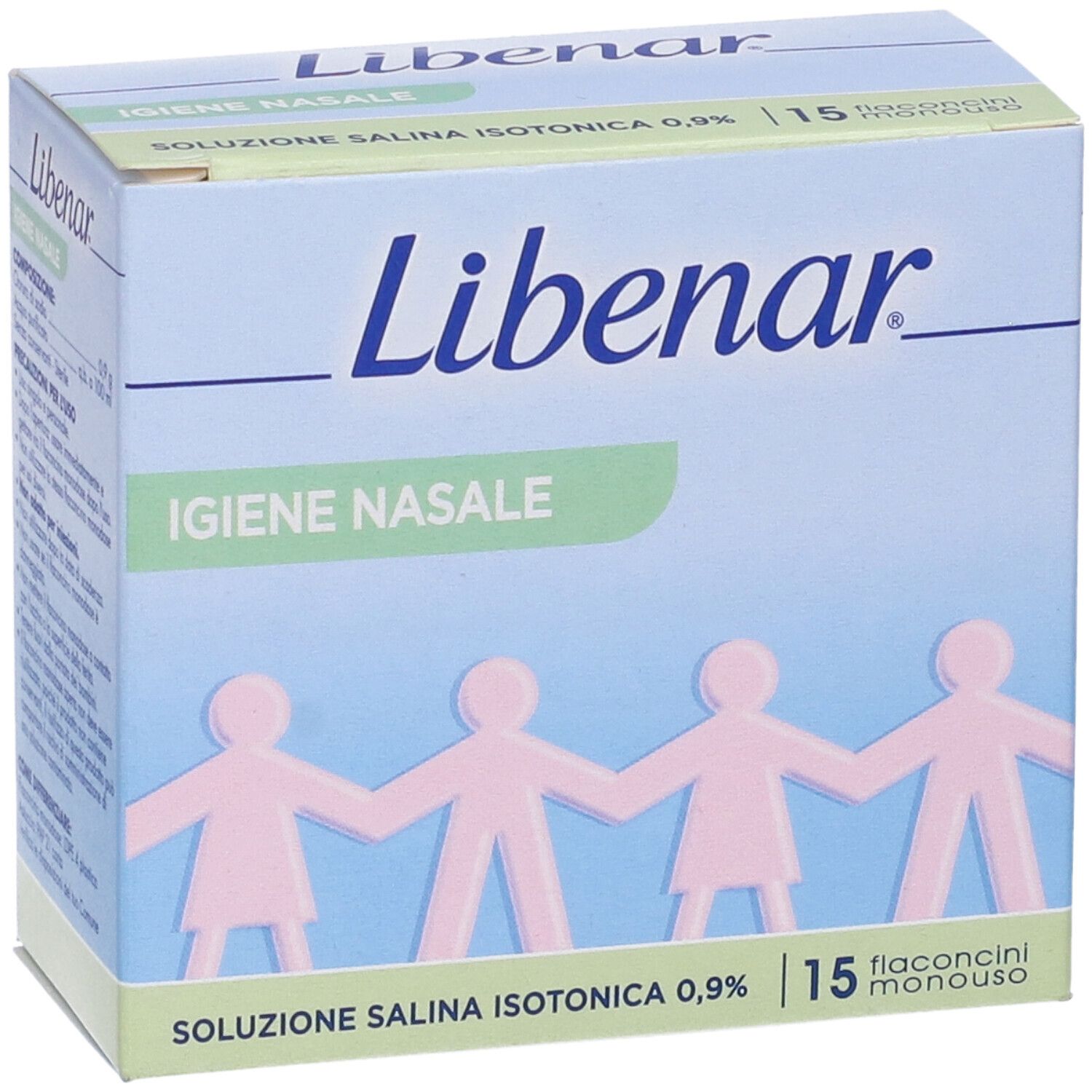 Scatola Libenar, Igien Nasale, Soluzione Salina Isotonica, 15 flaconcini. Figure. Blu, verde, bianco.