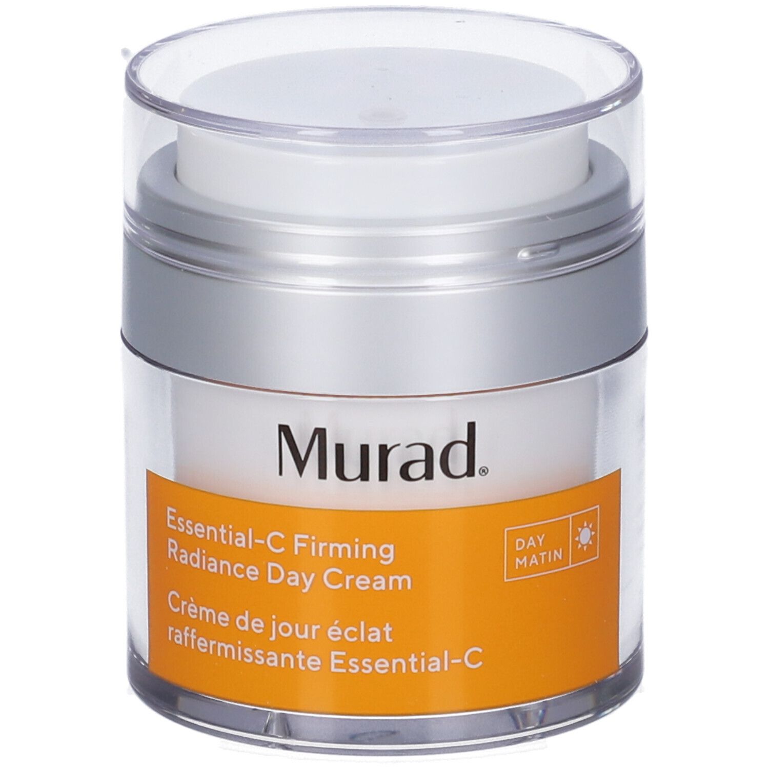 Vasetto bianco con coperchio argentato. Etichetta con nome prodotto e marchio Murad. Crema giorno.