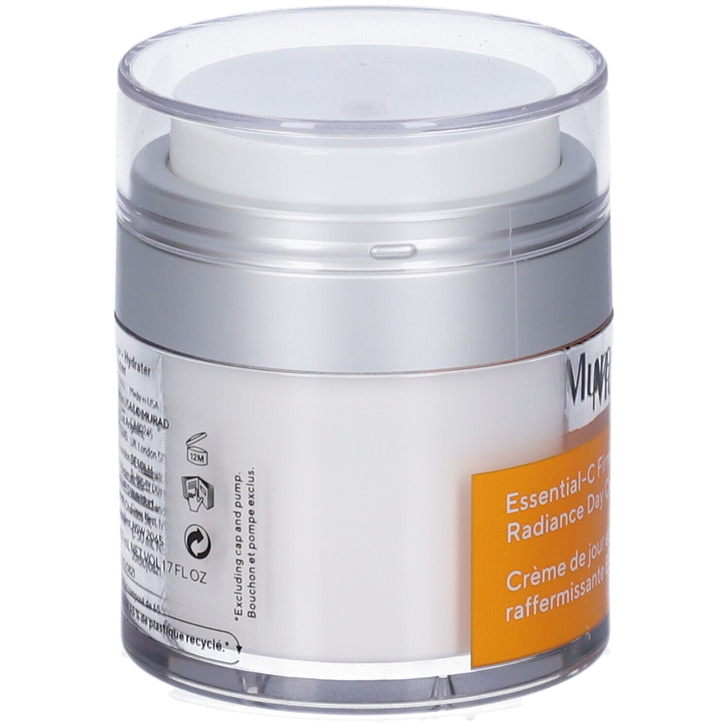 Vasetto bianco con coperchio argentato. Etichetta con informazioni prodotto e marchio Murad. Crema giorno.