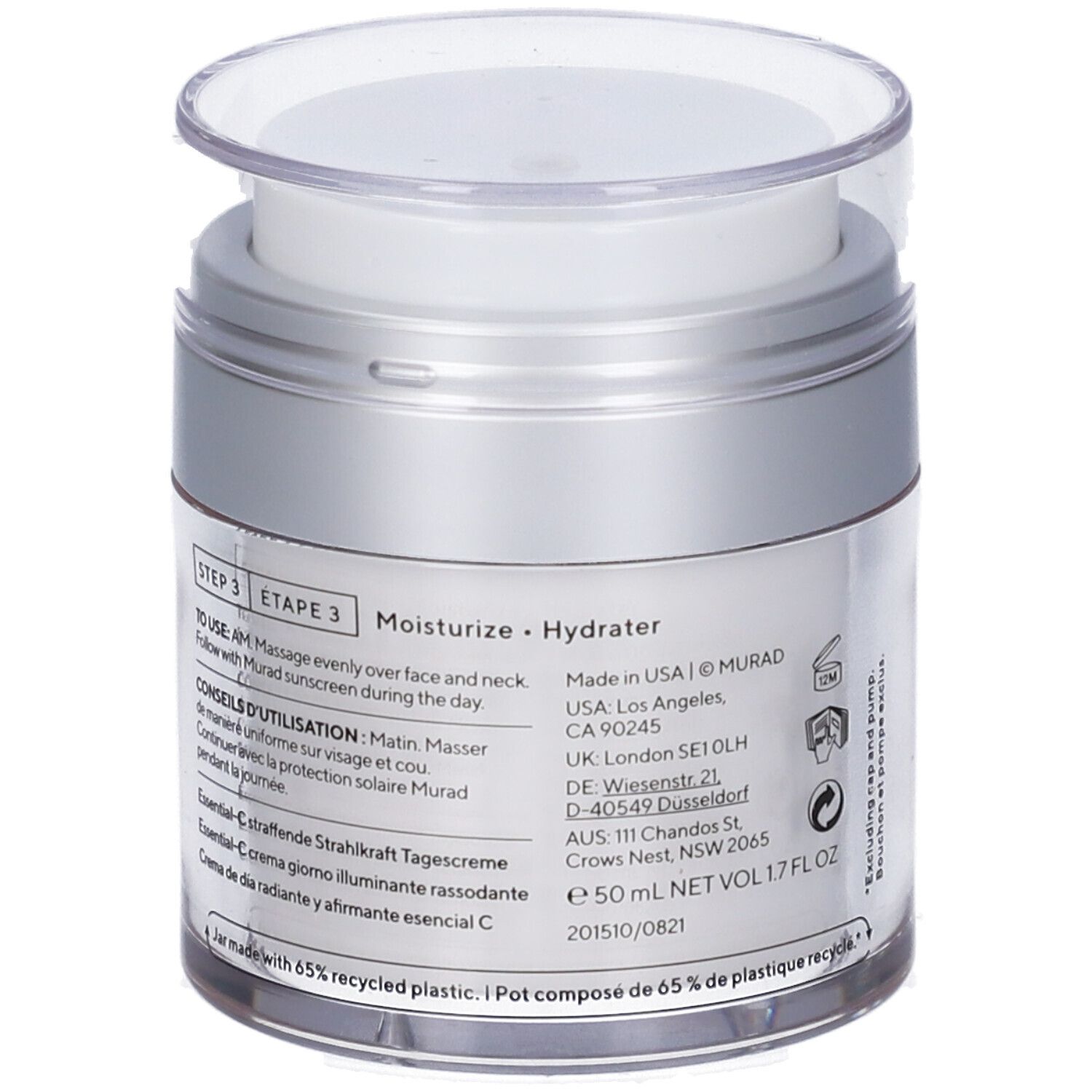 Vasetto bianco con coperchio argentato. Etichetta con informazioni prodotto e marchio Murad. Crema giorno.