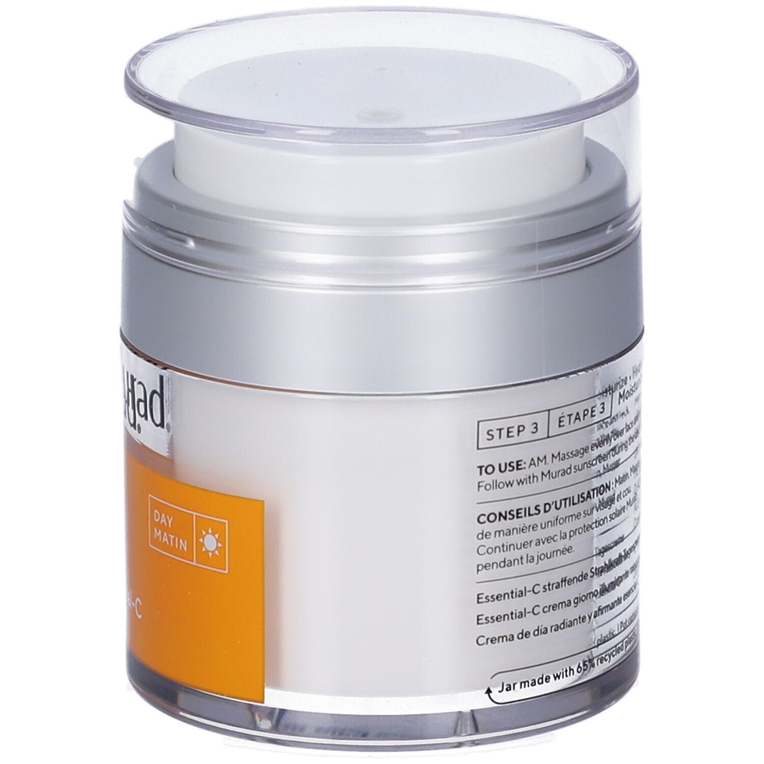 Vasetto bianco con coperchio argentato. Etichetta con informazioni prodotto e marchio Murad. Crema giorno.