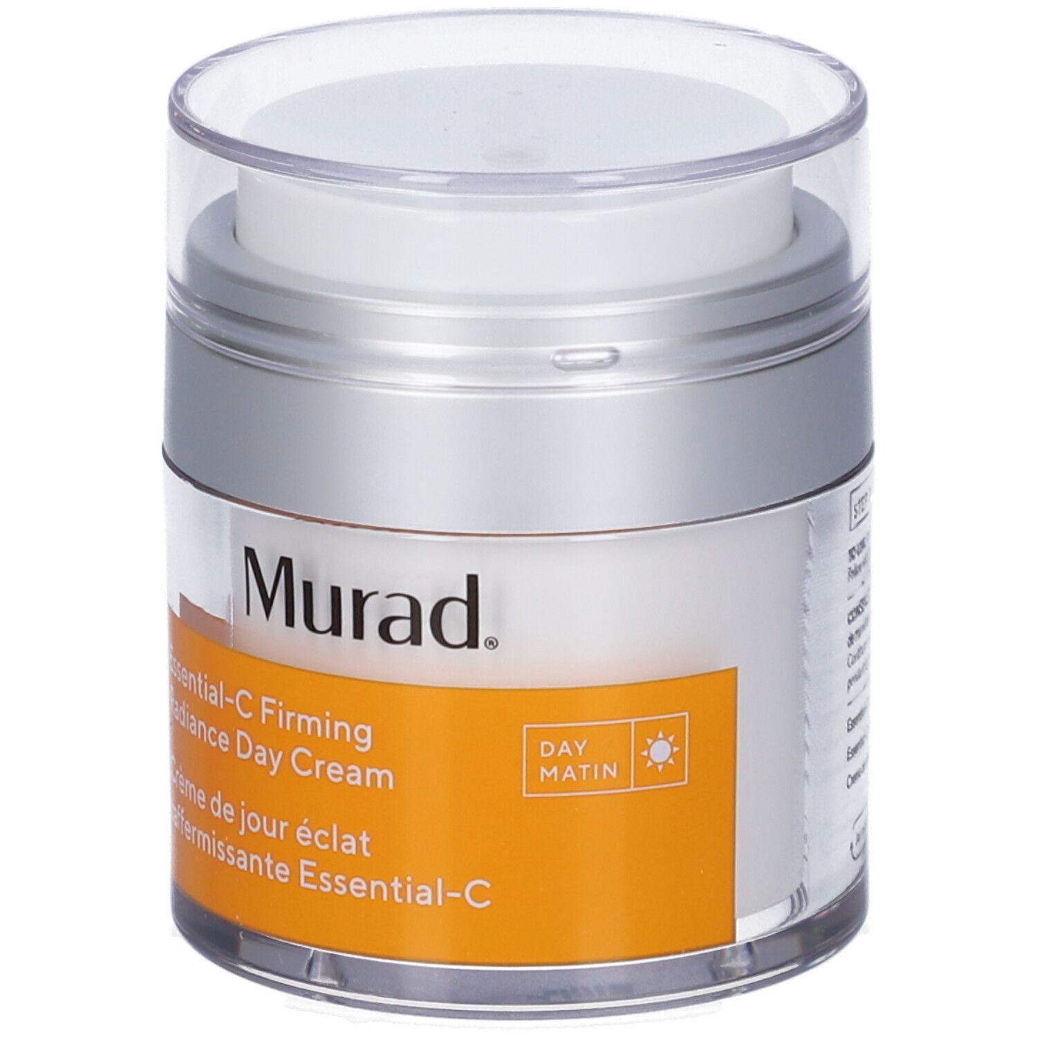Vasetto bianco con coperchio argentato. Etichetta con informazioni prodotto e marchio Murad. Crema giorno.