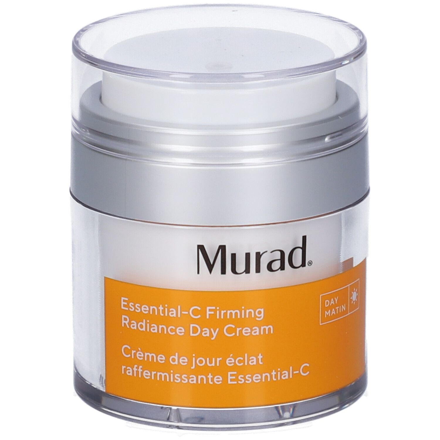 Vasetto bianco con coperchio argentato. Etichetta con informazioni prodotto e marchio Murad. Crema giorno.